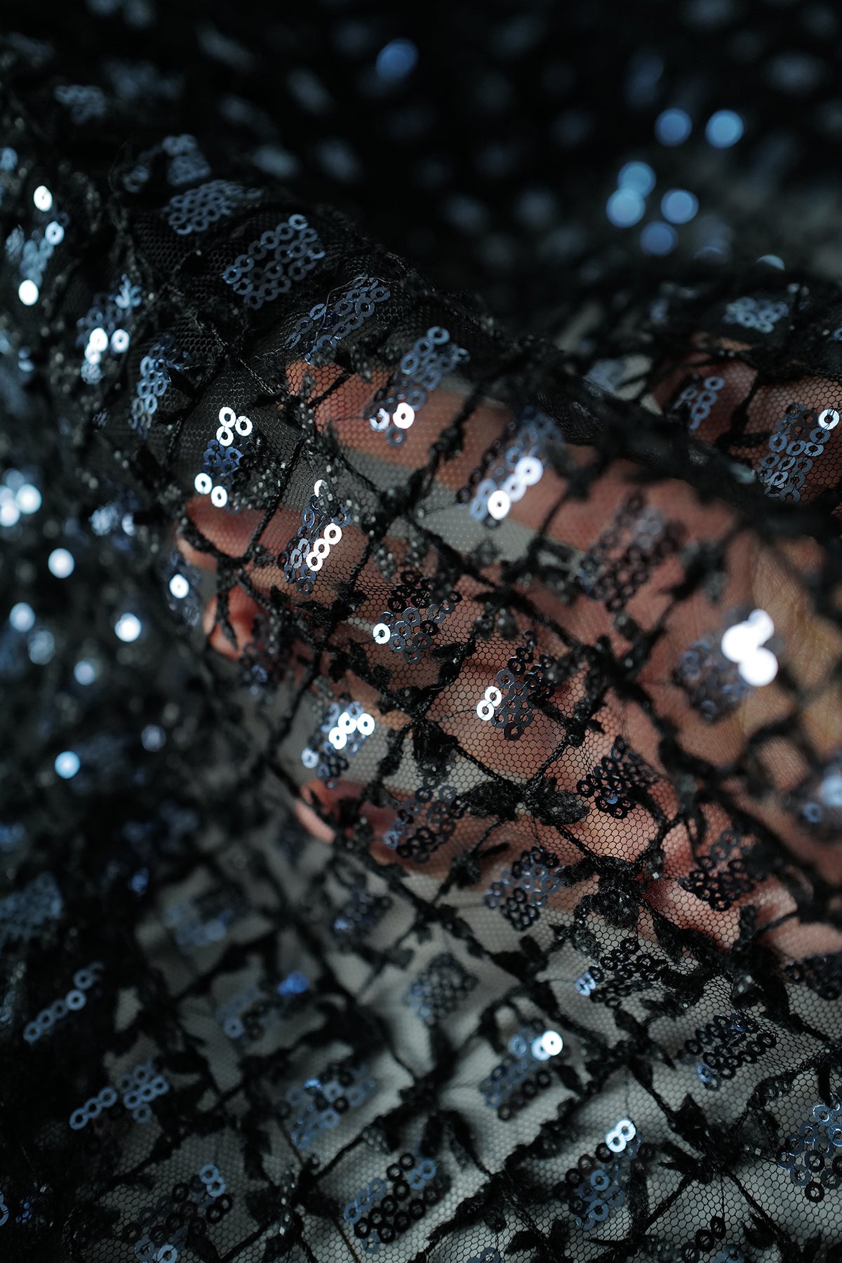 Dark Blue Lace Sequined Top with Skirt