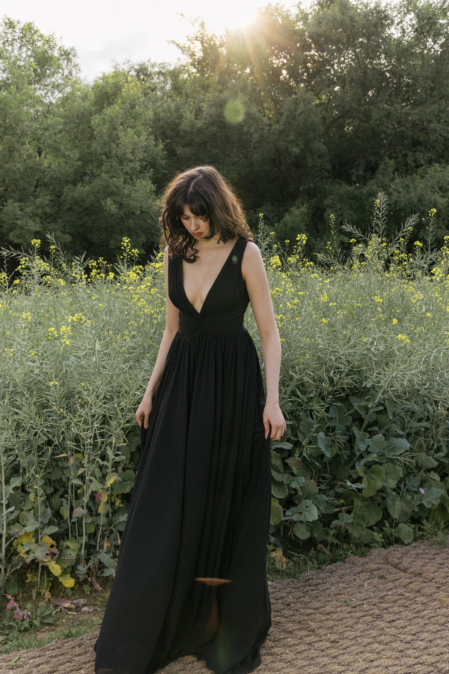 Deep V-neckline Black Ruched Party Gown