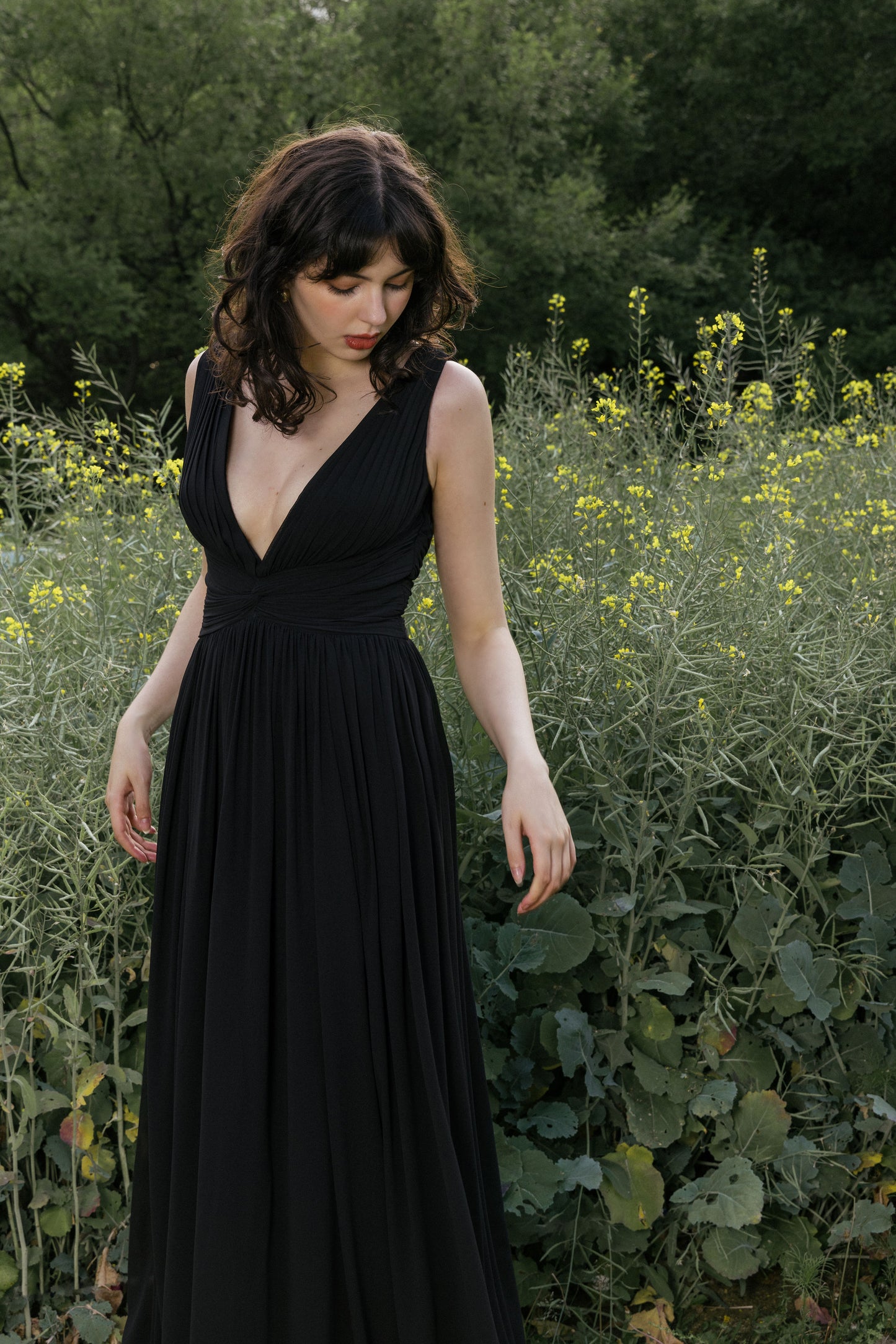 Deep V-neckline Black Ruched Party Gown