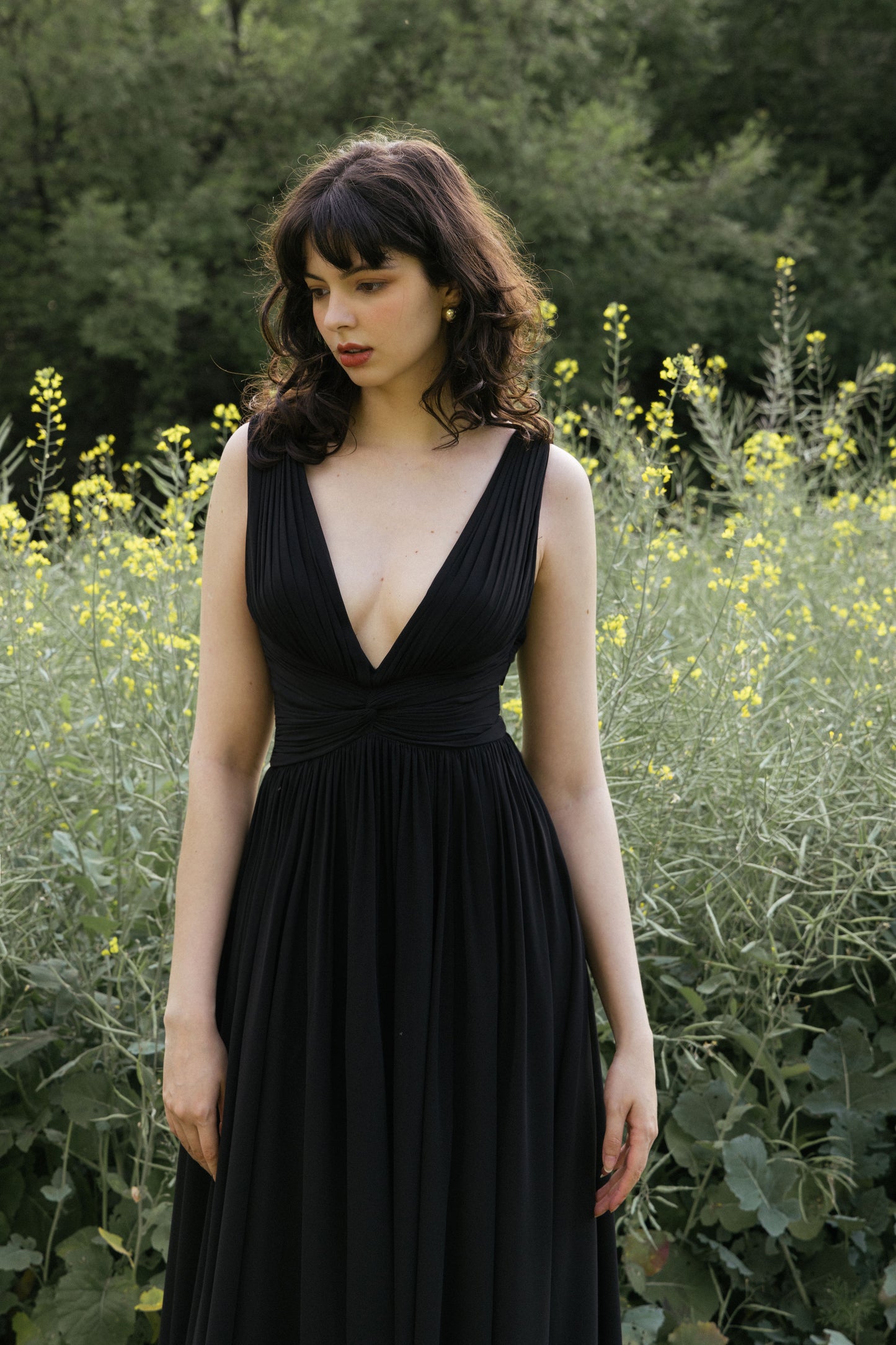 Deep V-neckline Black Ruched Party Gown