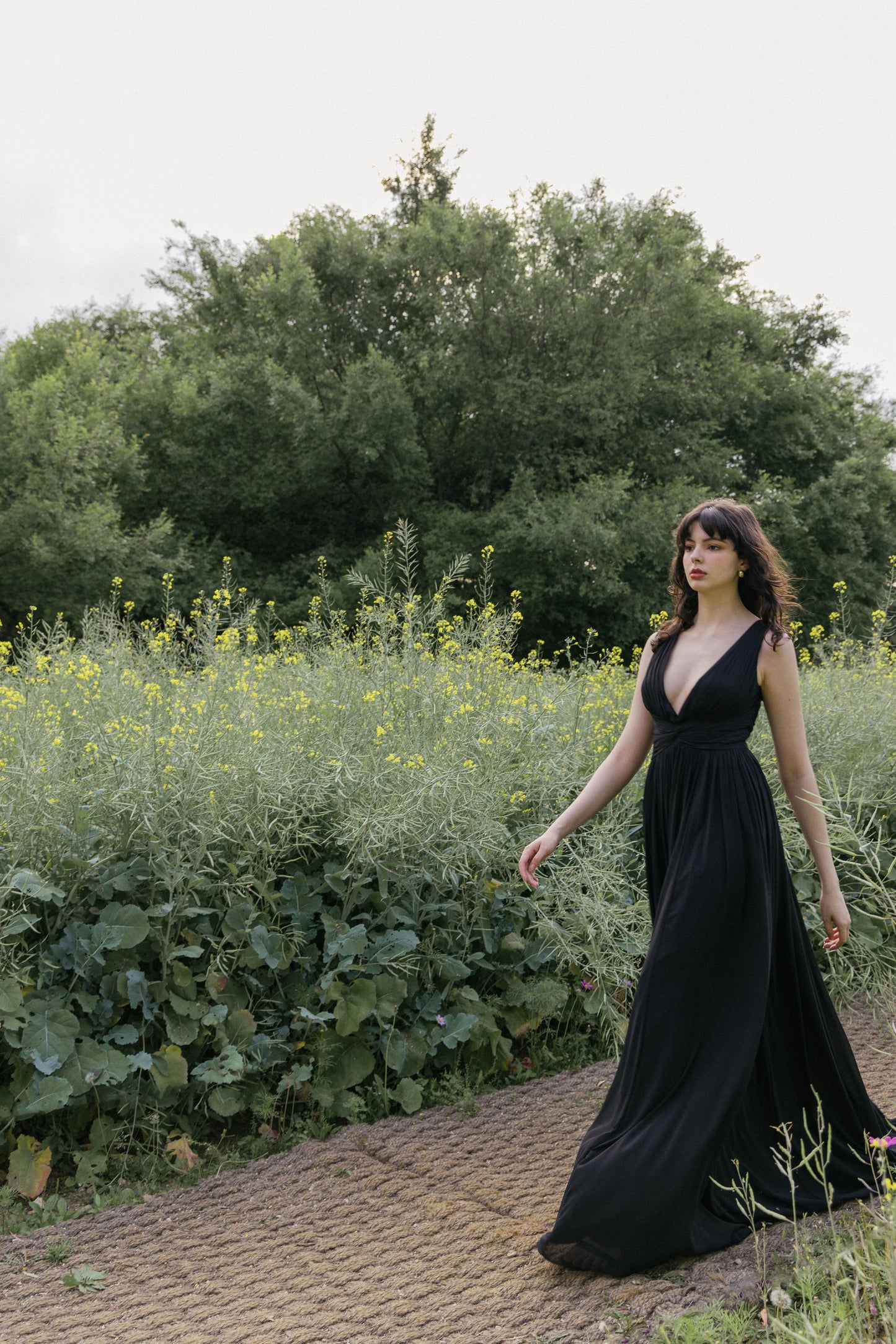 Deep V-neckline Black Ruched Party Gown