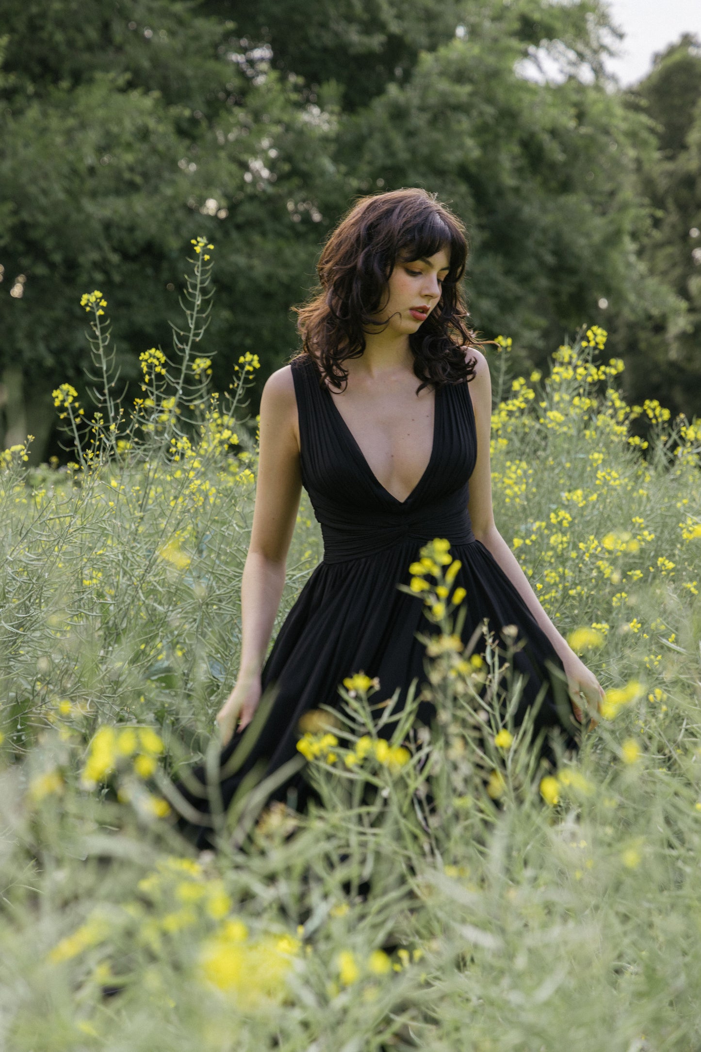 Deep V-neckline Black Ruched Party Gown