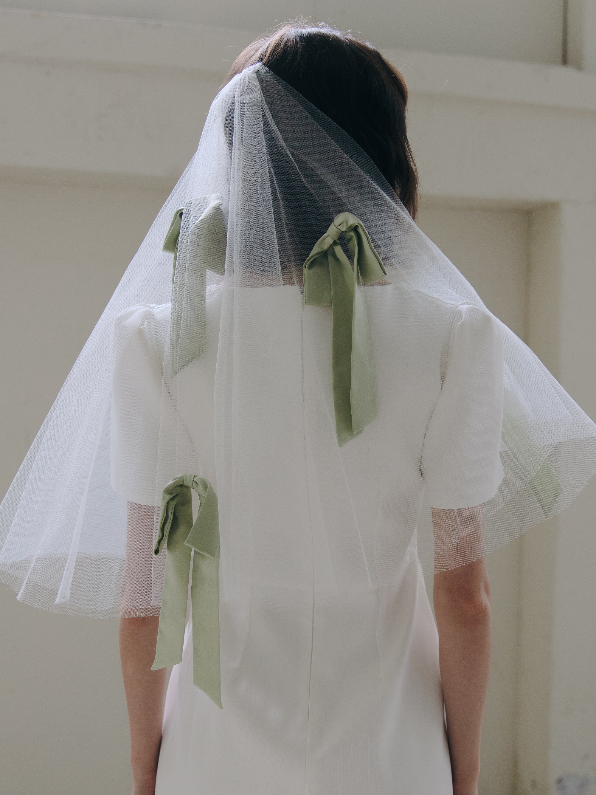 Short Bridal Veil with Silk Sage Green Bows