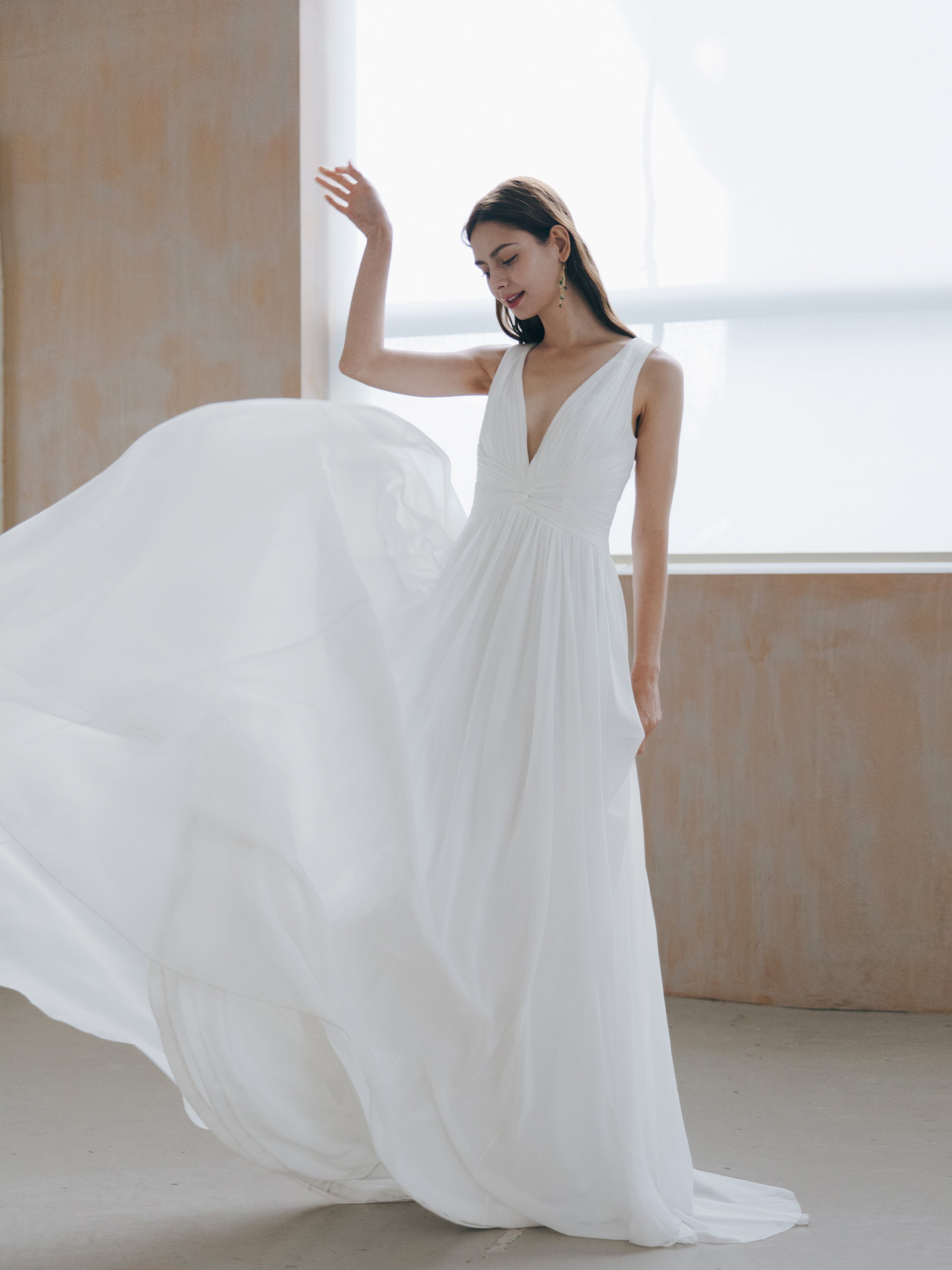 Pleated V Neck Wedding Dress