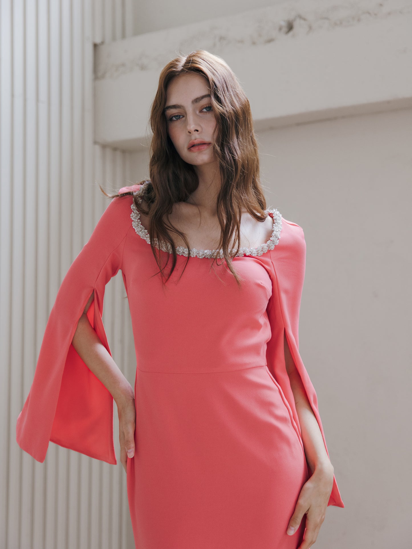 Long Sleeve Evening Gown Coral