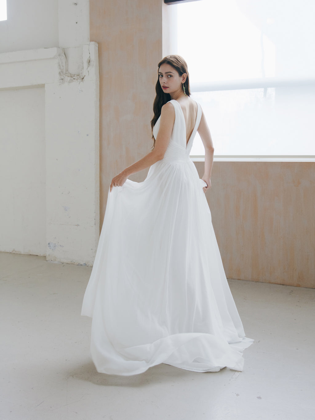 Pleated V Neck Wedding Dress