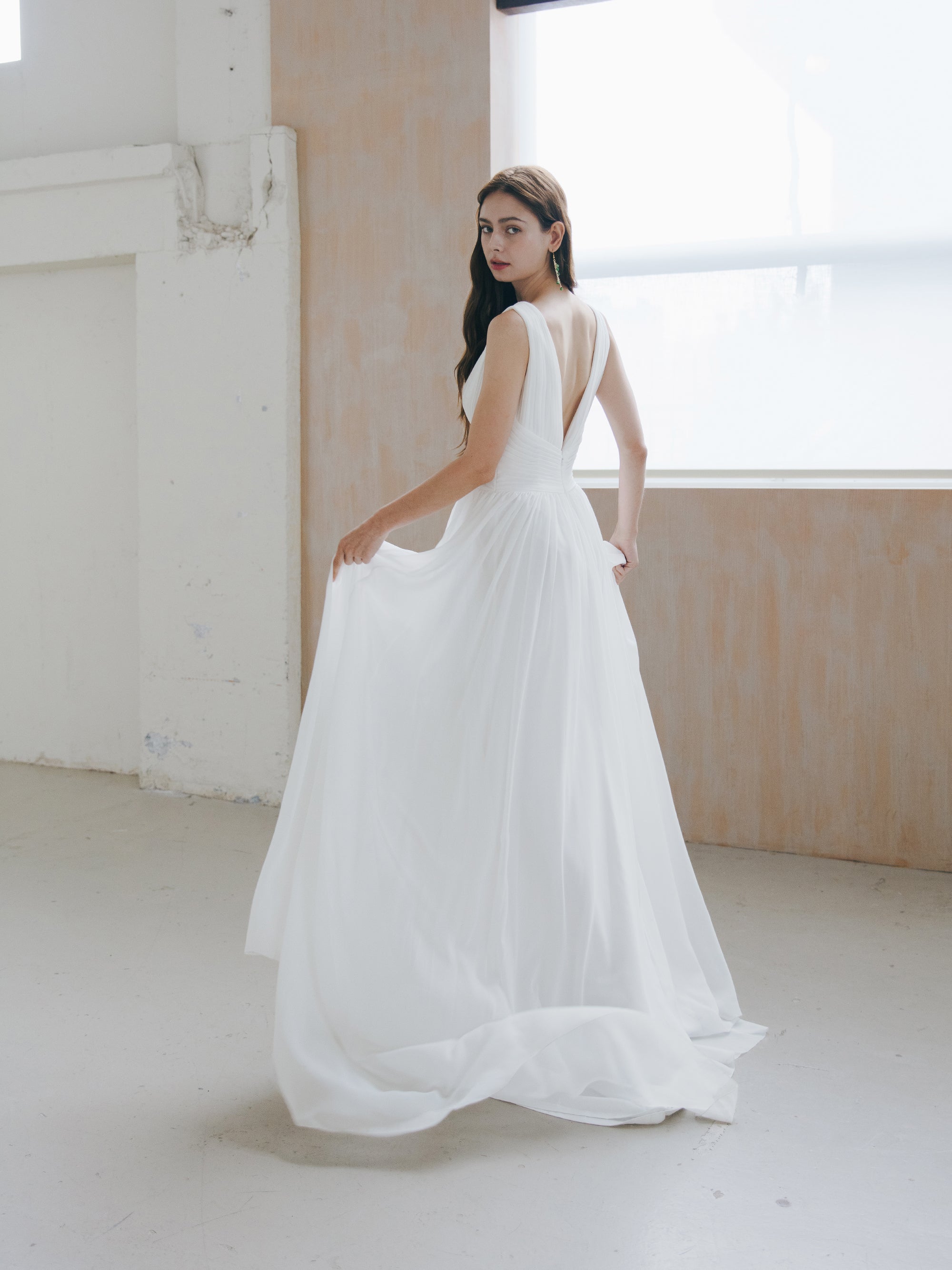 Pleated V Neck Wedding Dress