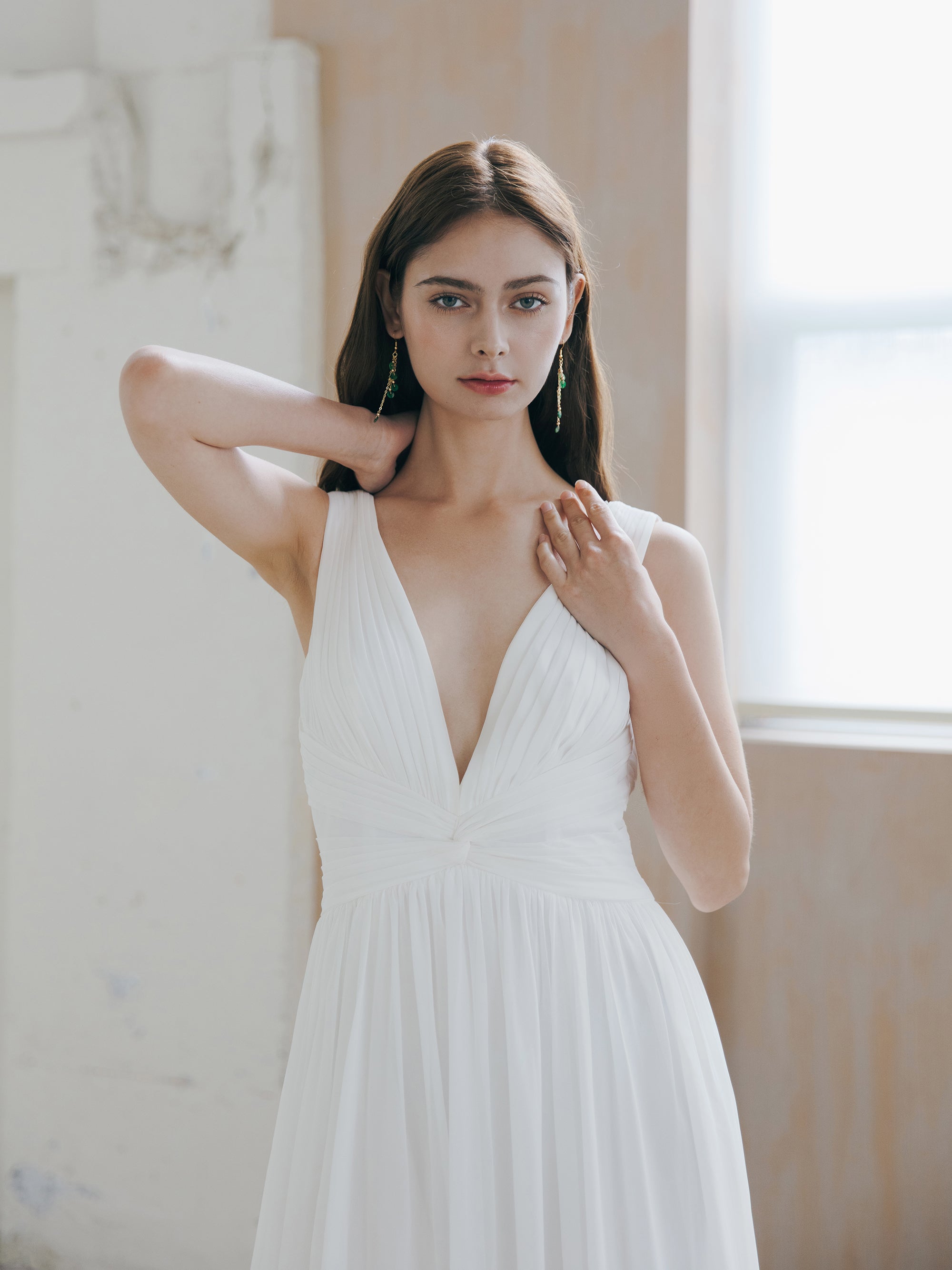 Pleated V Neck Wedding Dress