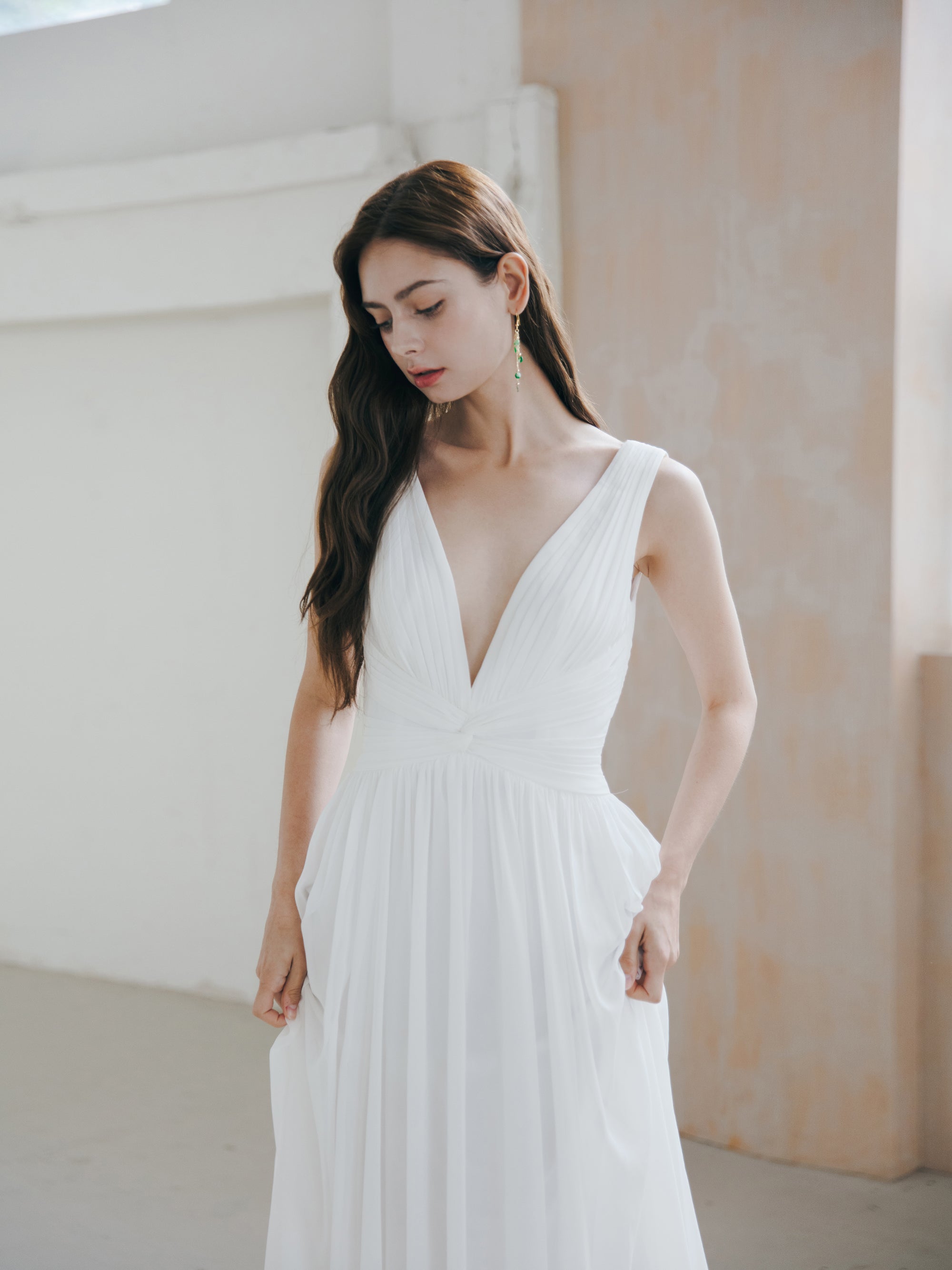 Pleated V Neck Wedding Dress