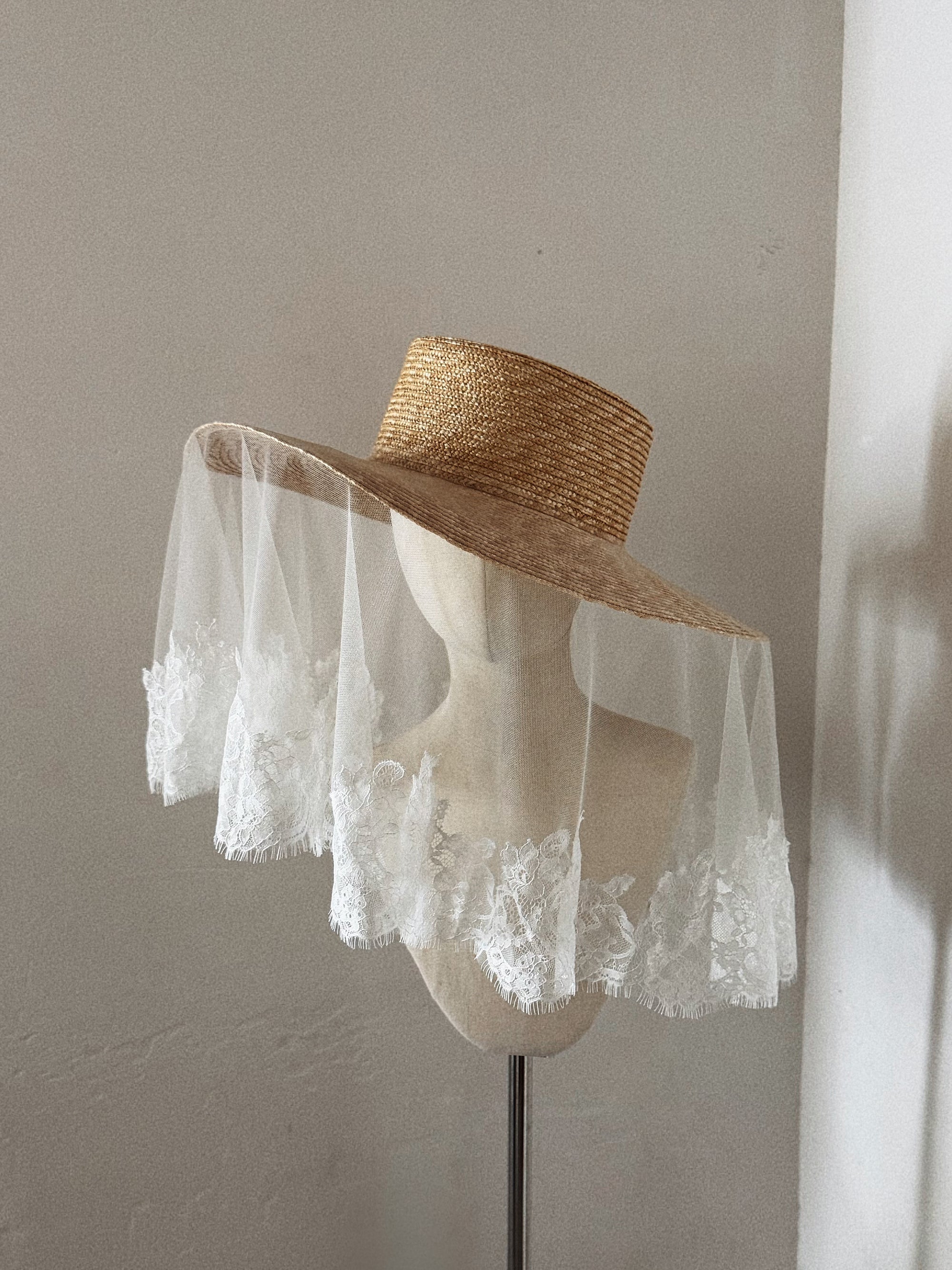 Bridal Hat with Lace Trim Veil - Straw Hat