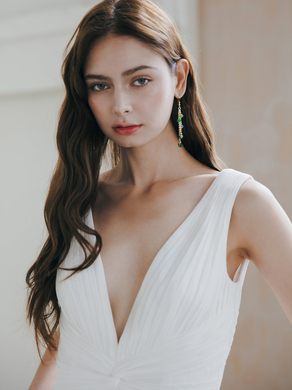 Pleated V Neck Wedding Dress