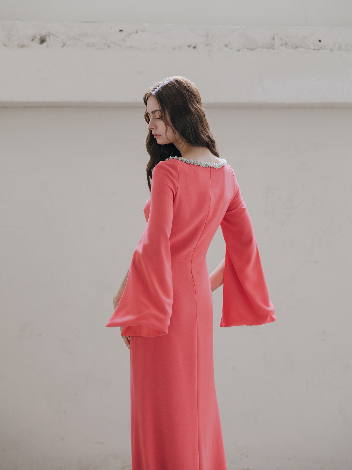 Long Sleeve Evening Gown Coral
