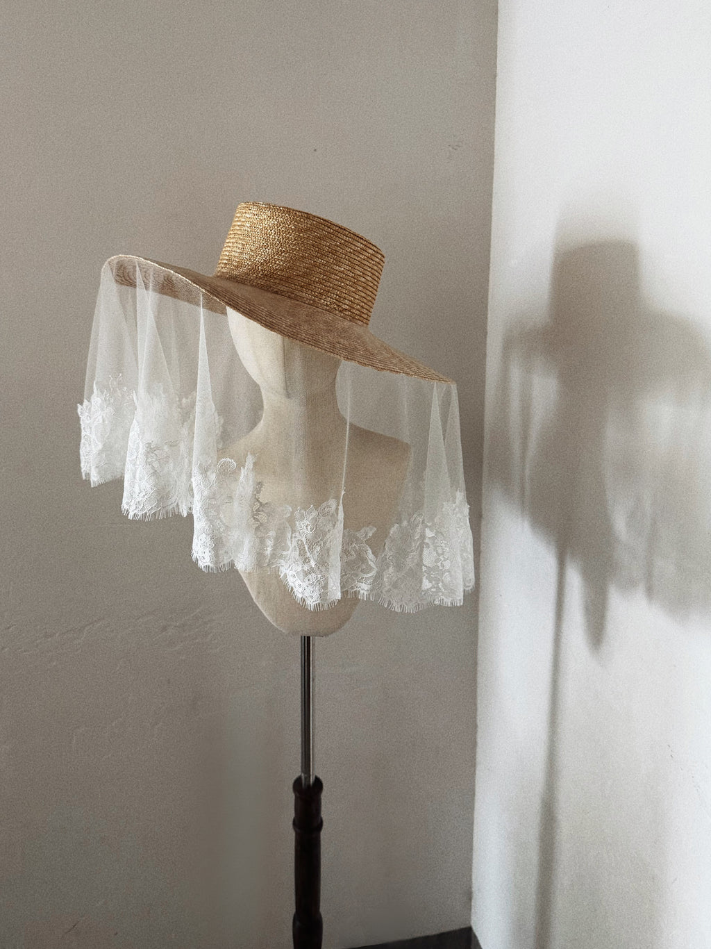 Bridal Hat with Lace Trim Veil - Straw Hat