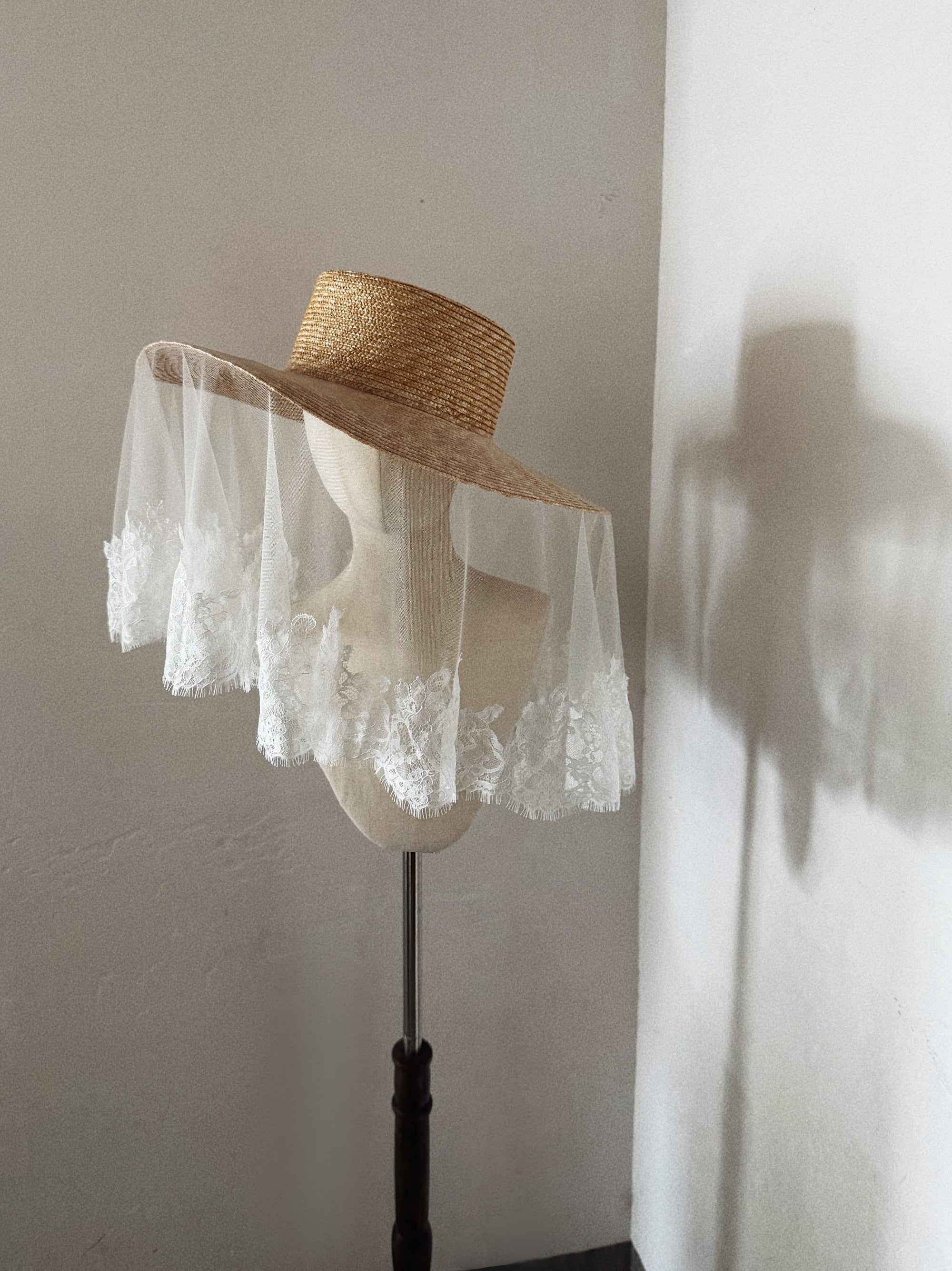 Bridal Hat with Lace Trim Veil - Straw Hat