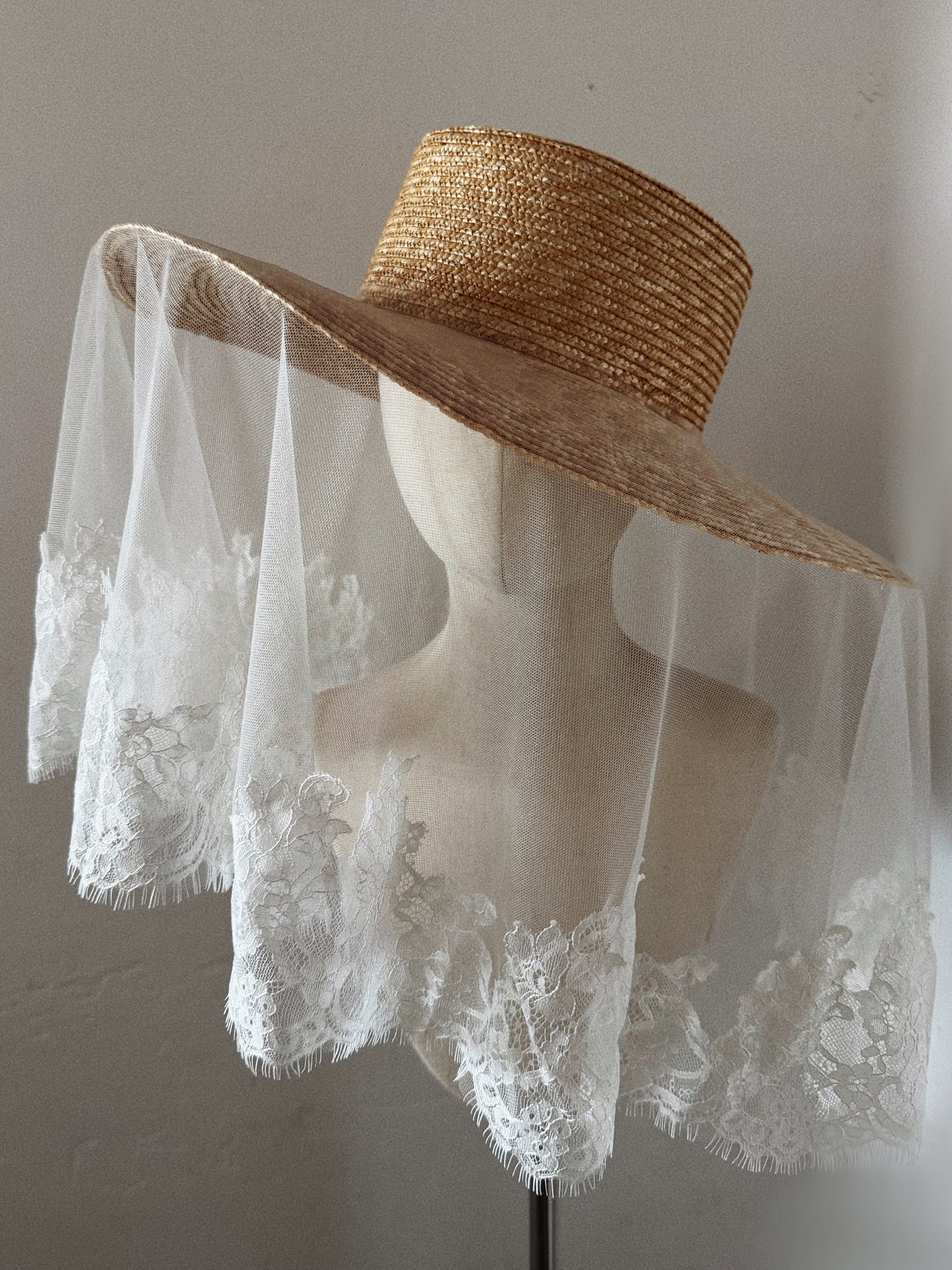 Bridal Hat with Lace Trim Veil - Straw Hat