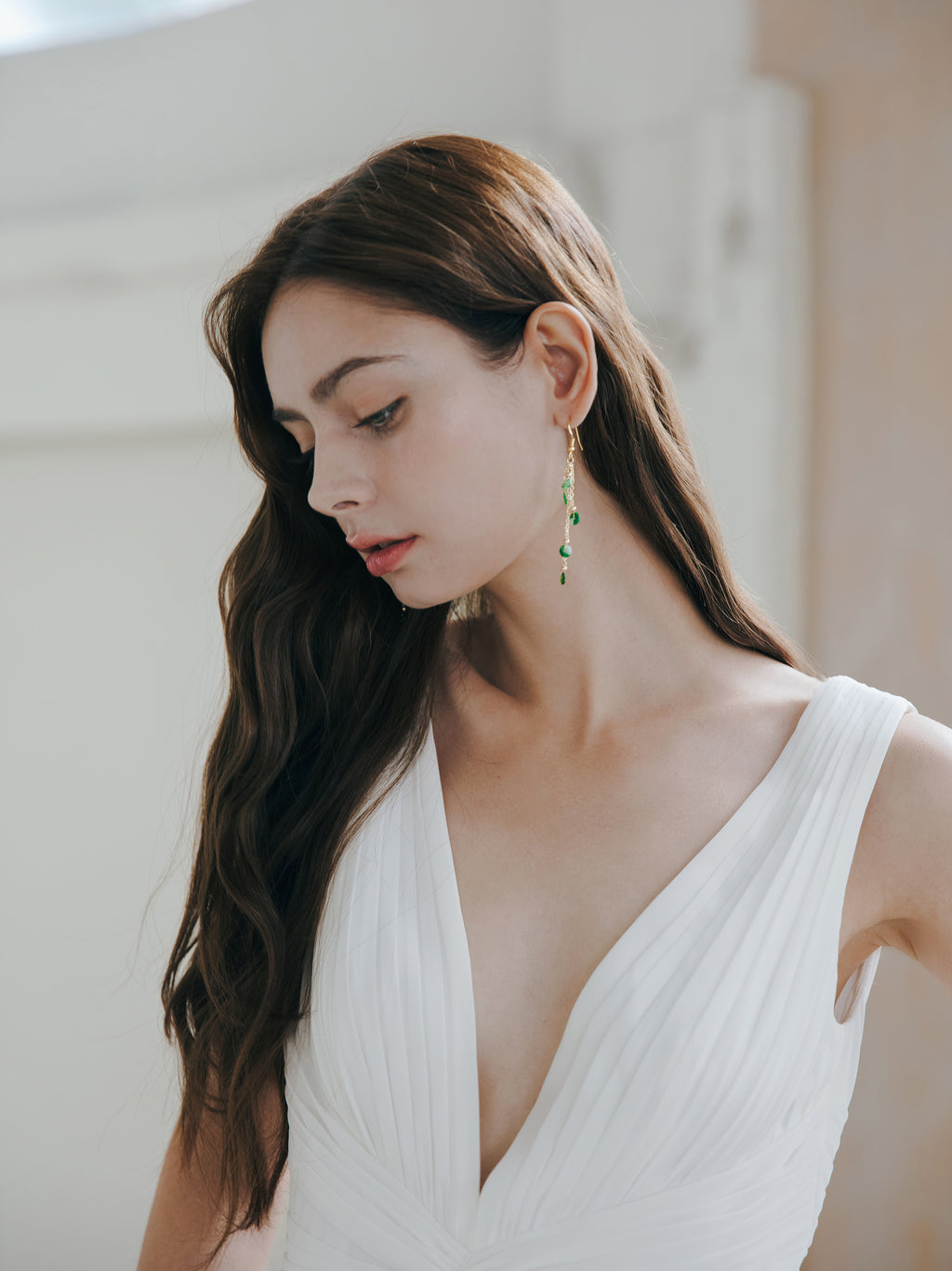 Pleated V Neck Wedding Dress