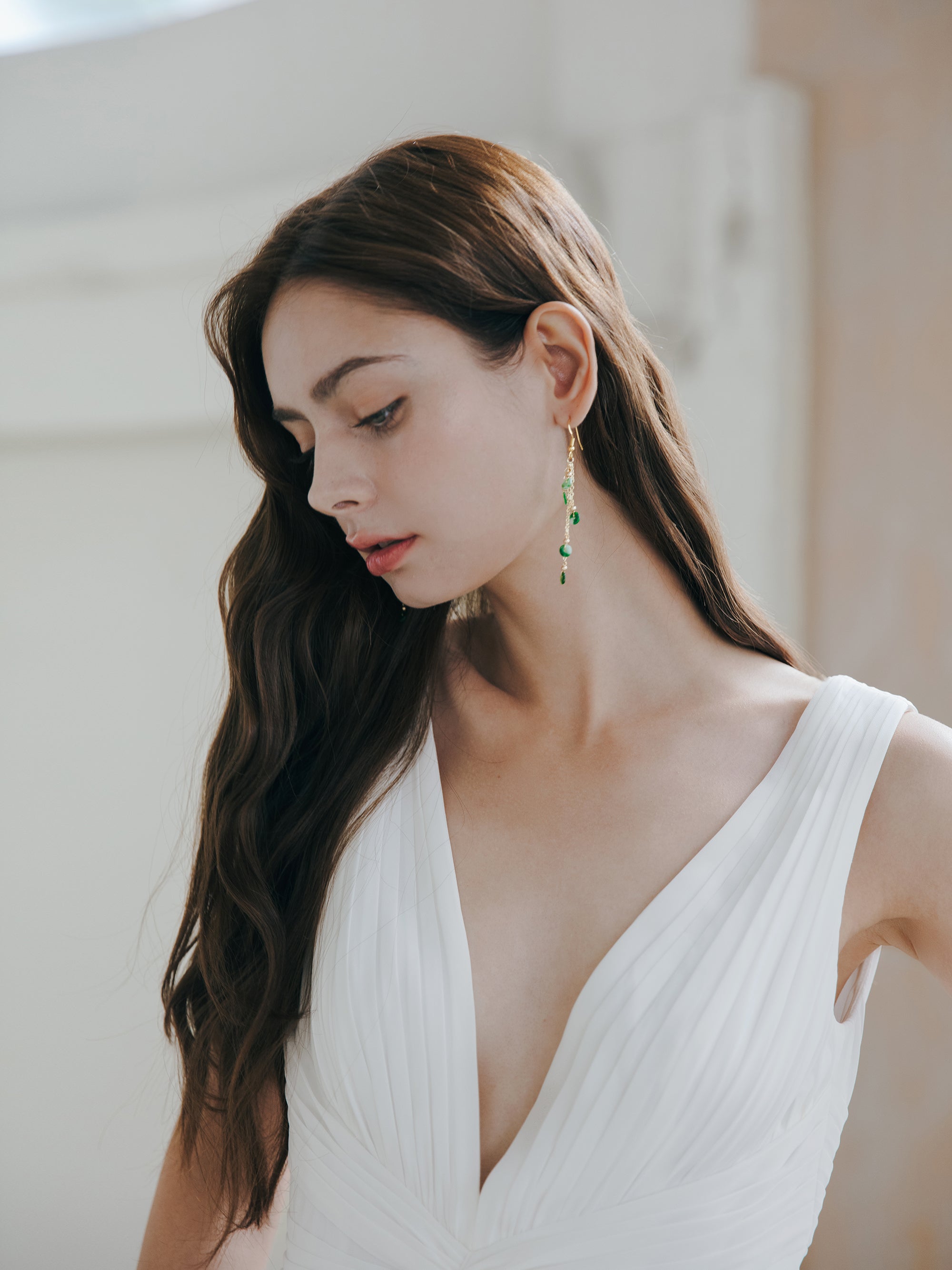Pleated V Neck Wedding Dress