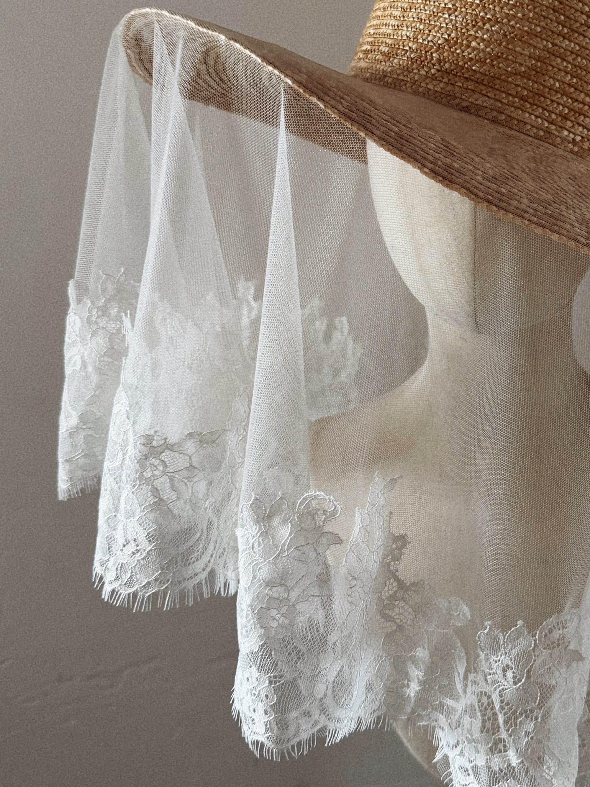 Bridal Hat with Lace Trim Veil - Straw Hat