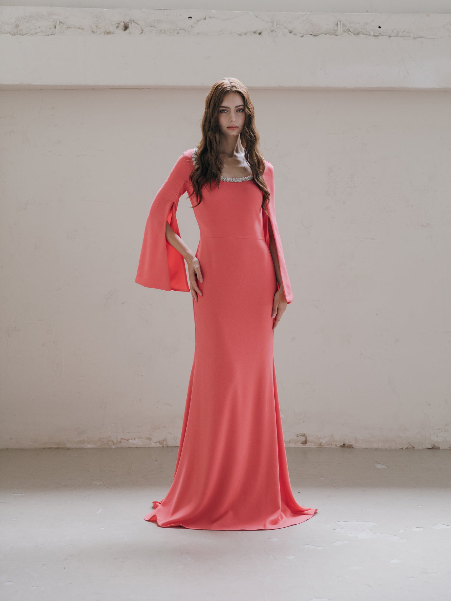 Long Sleeve Evening Gown Coral
