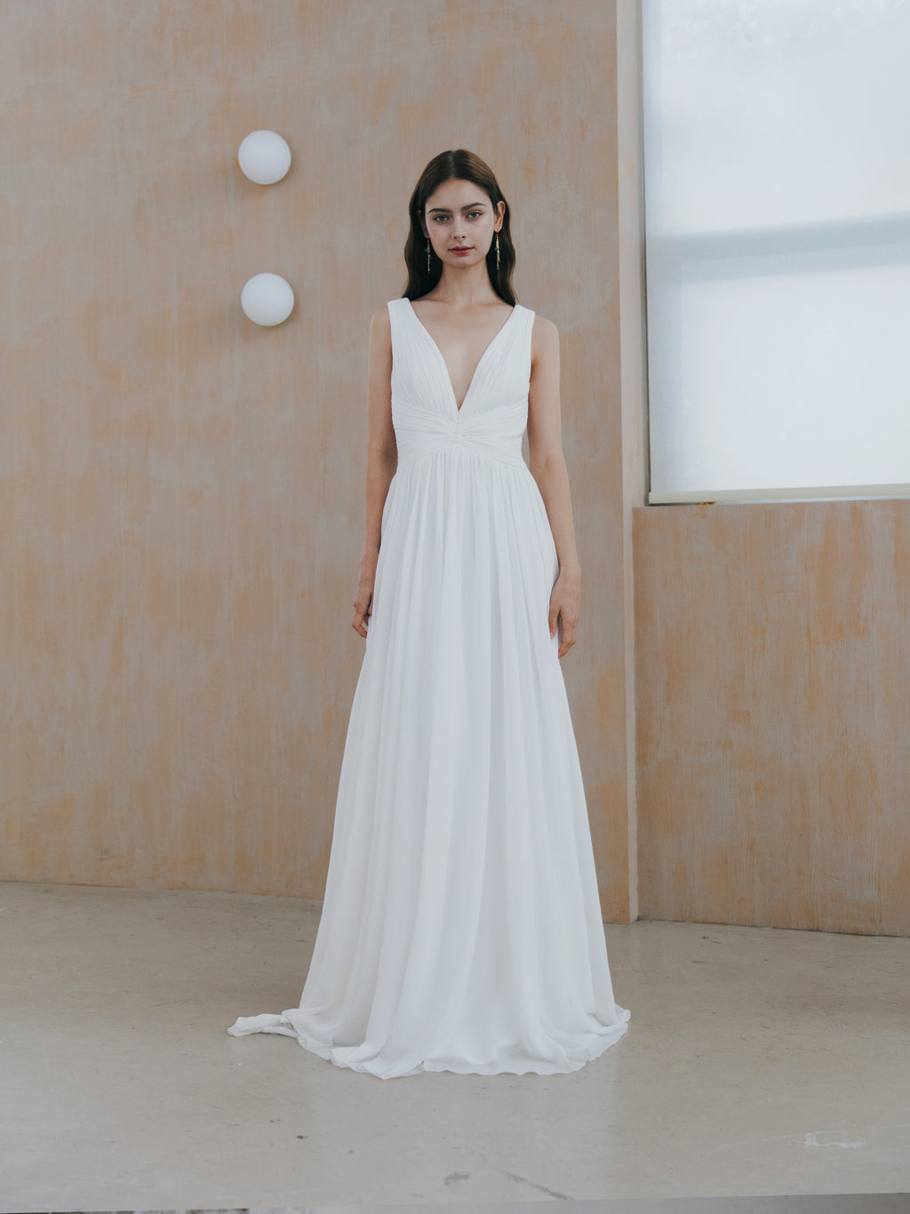Pleated V Neck Wedding Dress