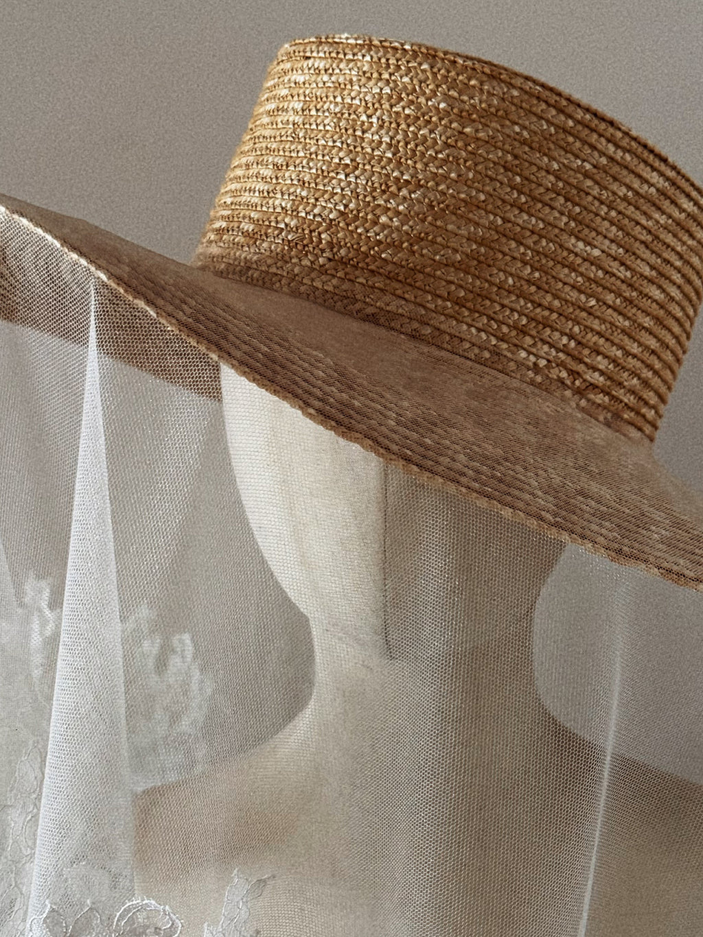 Bridal Hat with Lace Trim Veil - Straw Hat
