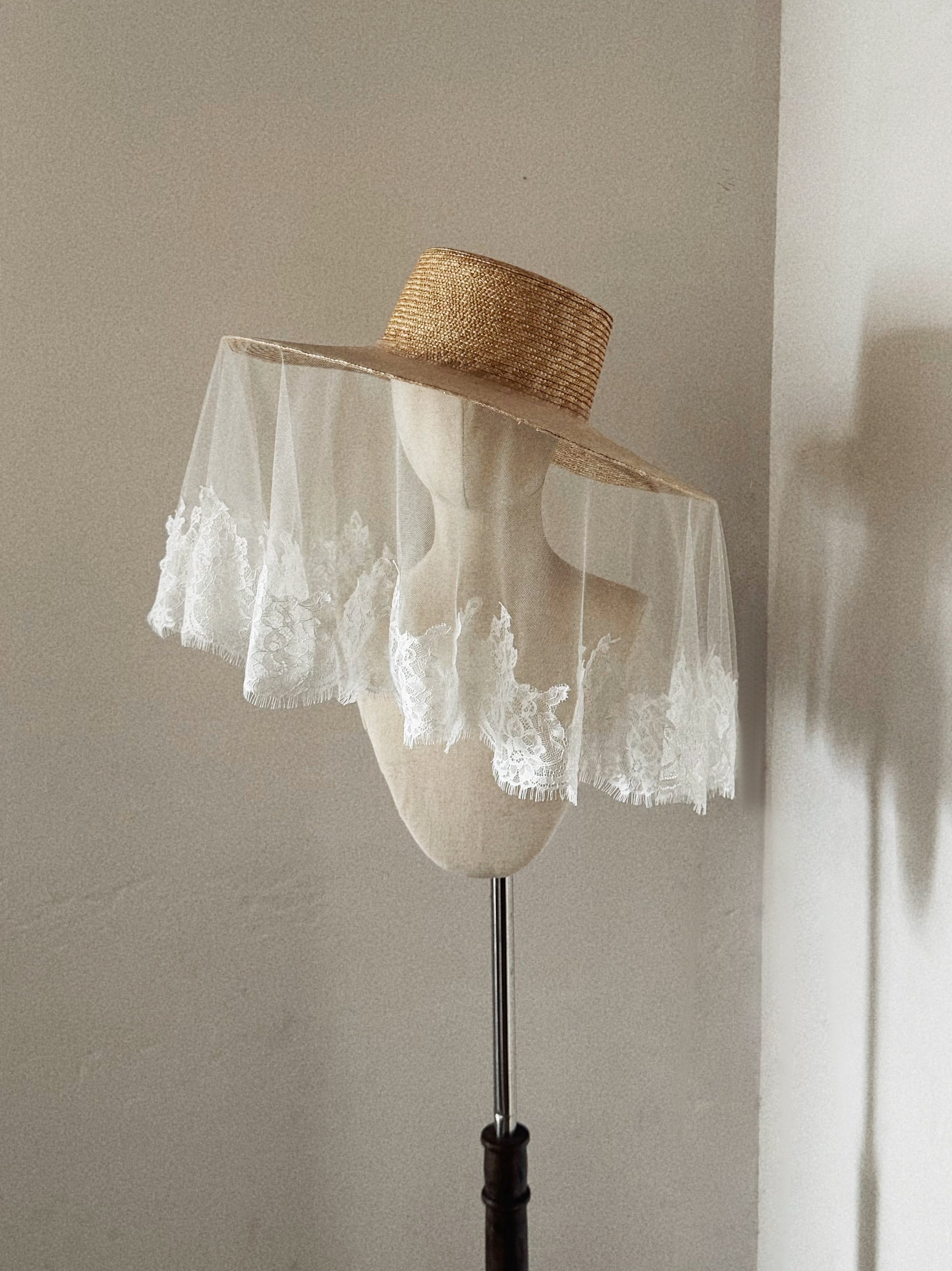 Bridal Hat with Lace Trim Veil - Straw Hat
