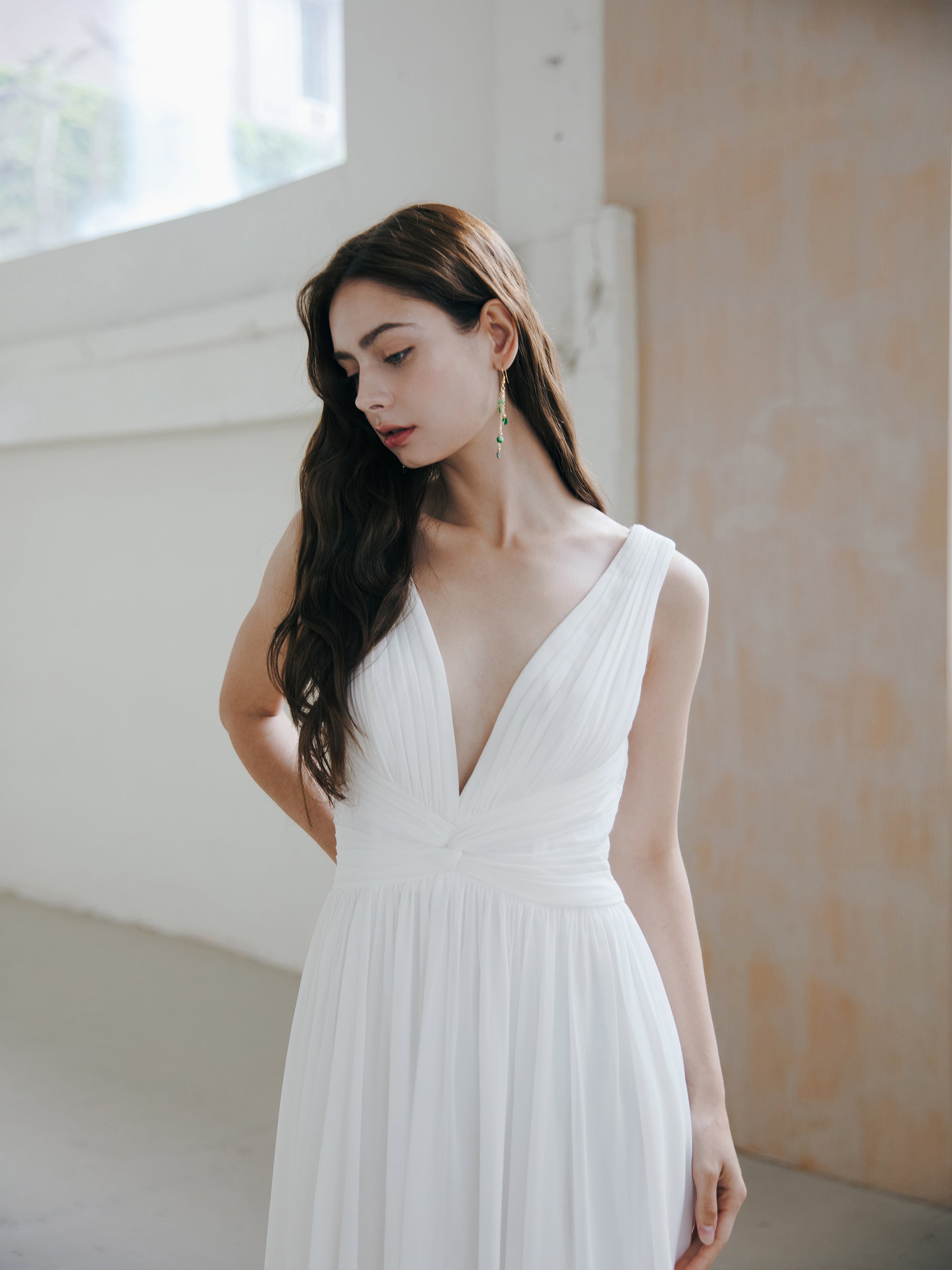 Pleated V Neck Wedding Dress