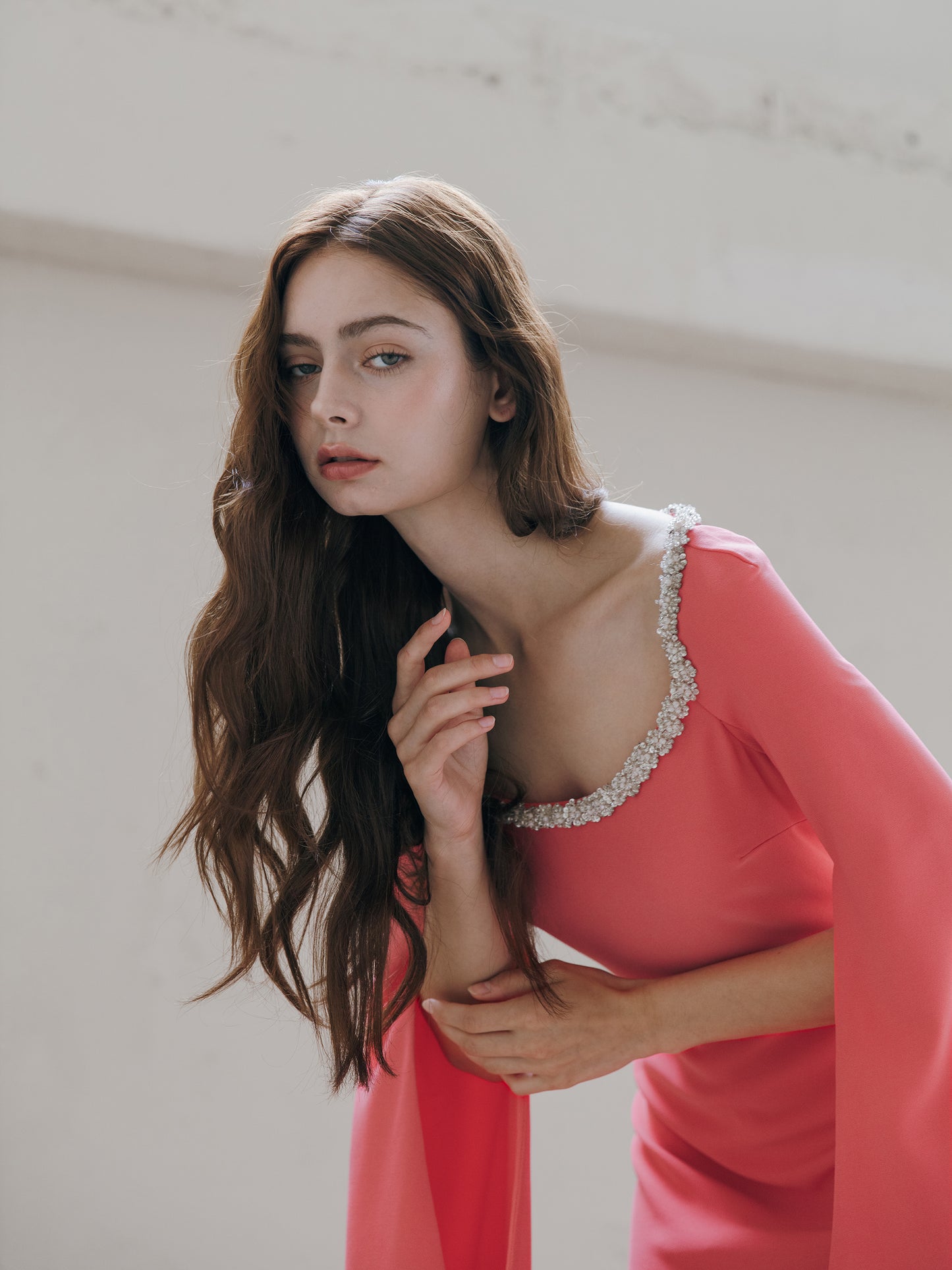 Long Sleeve Evening Gown Coral