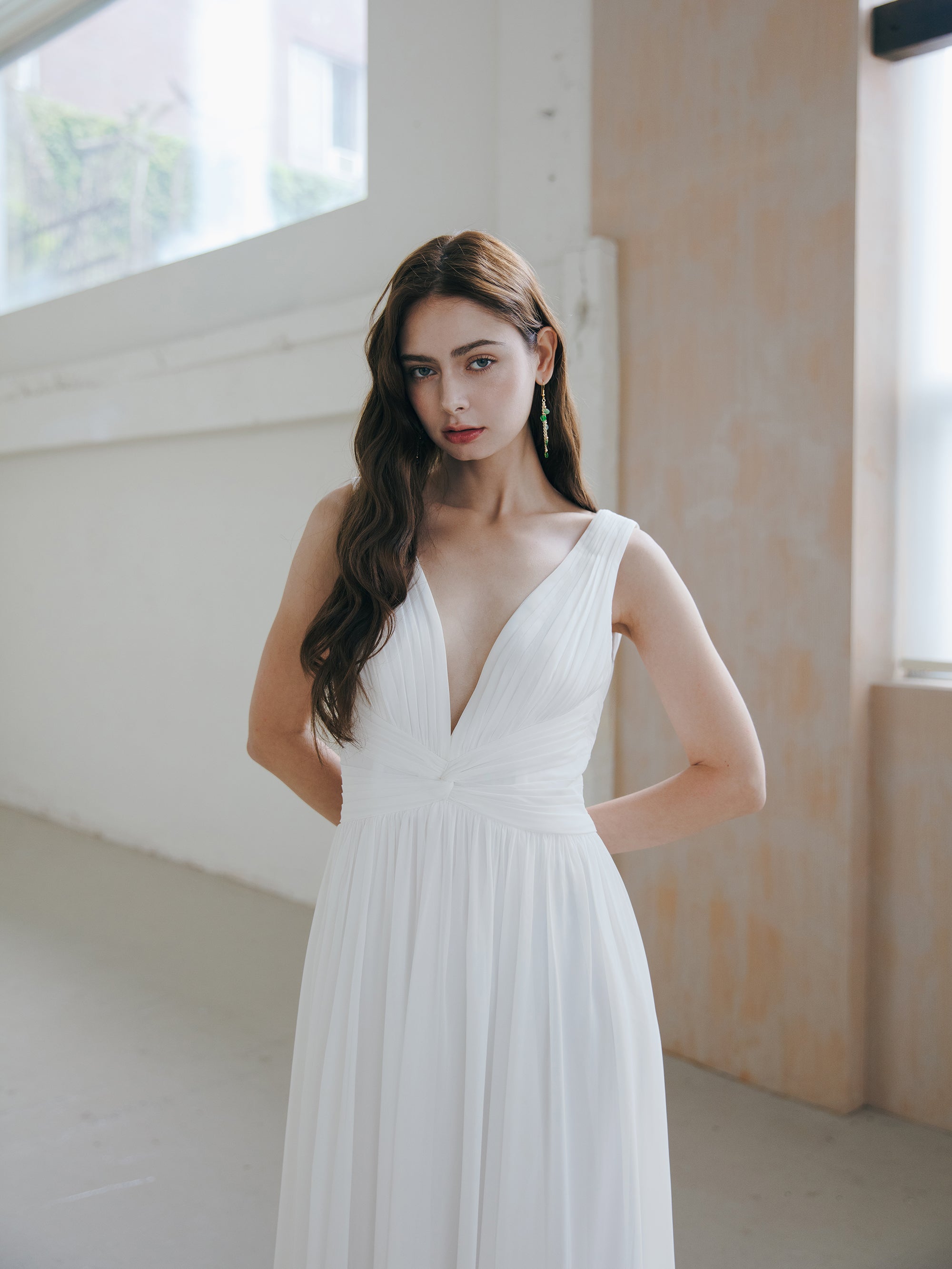 Pleated V Neck Wedding Dress
