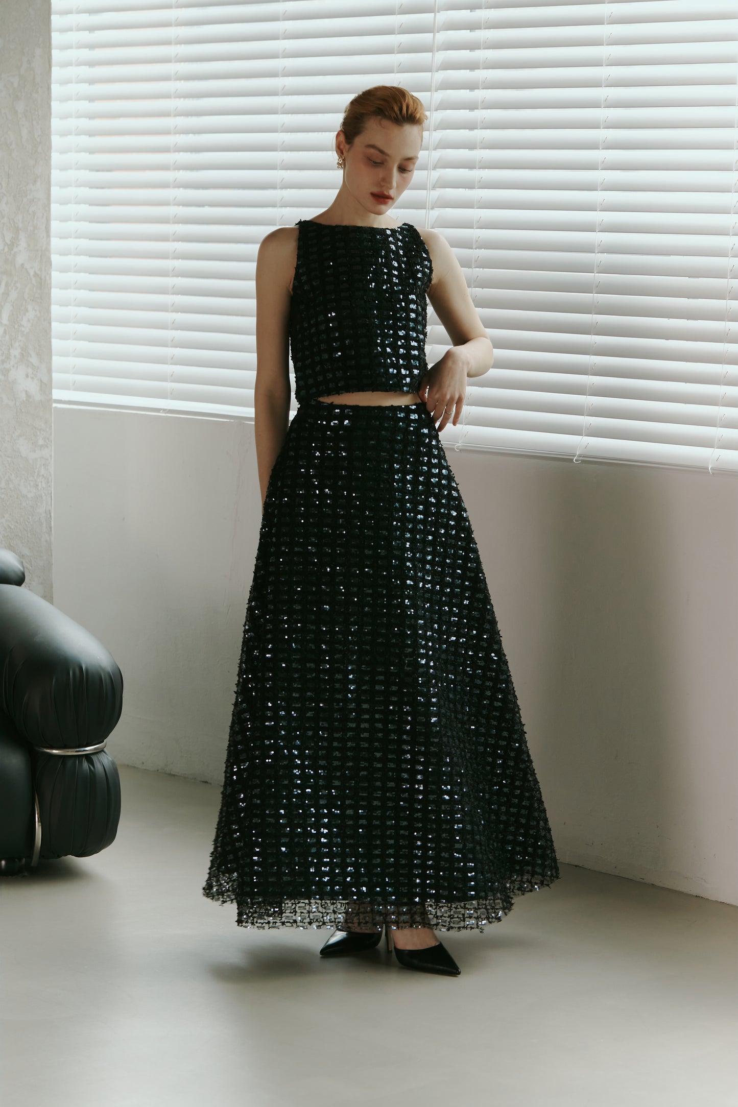 Dark Blue Lace Sequined  Top with Skirt
