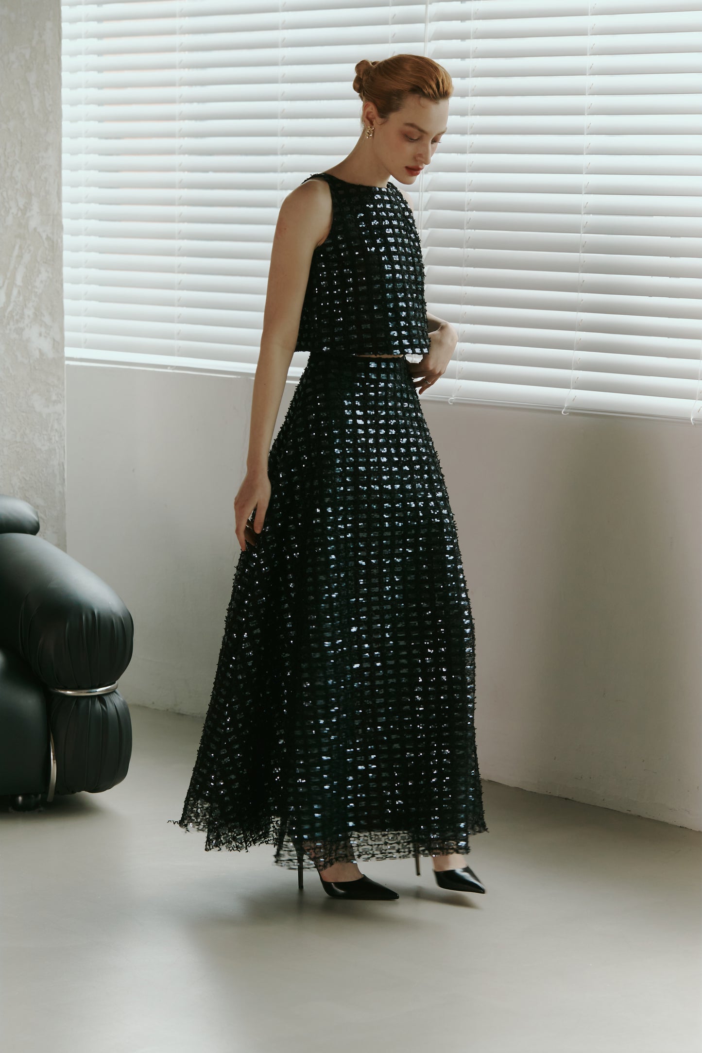 Dark Blue Lace Sequined  Top with Skirt