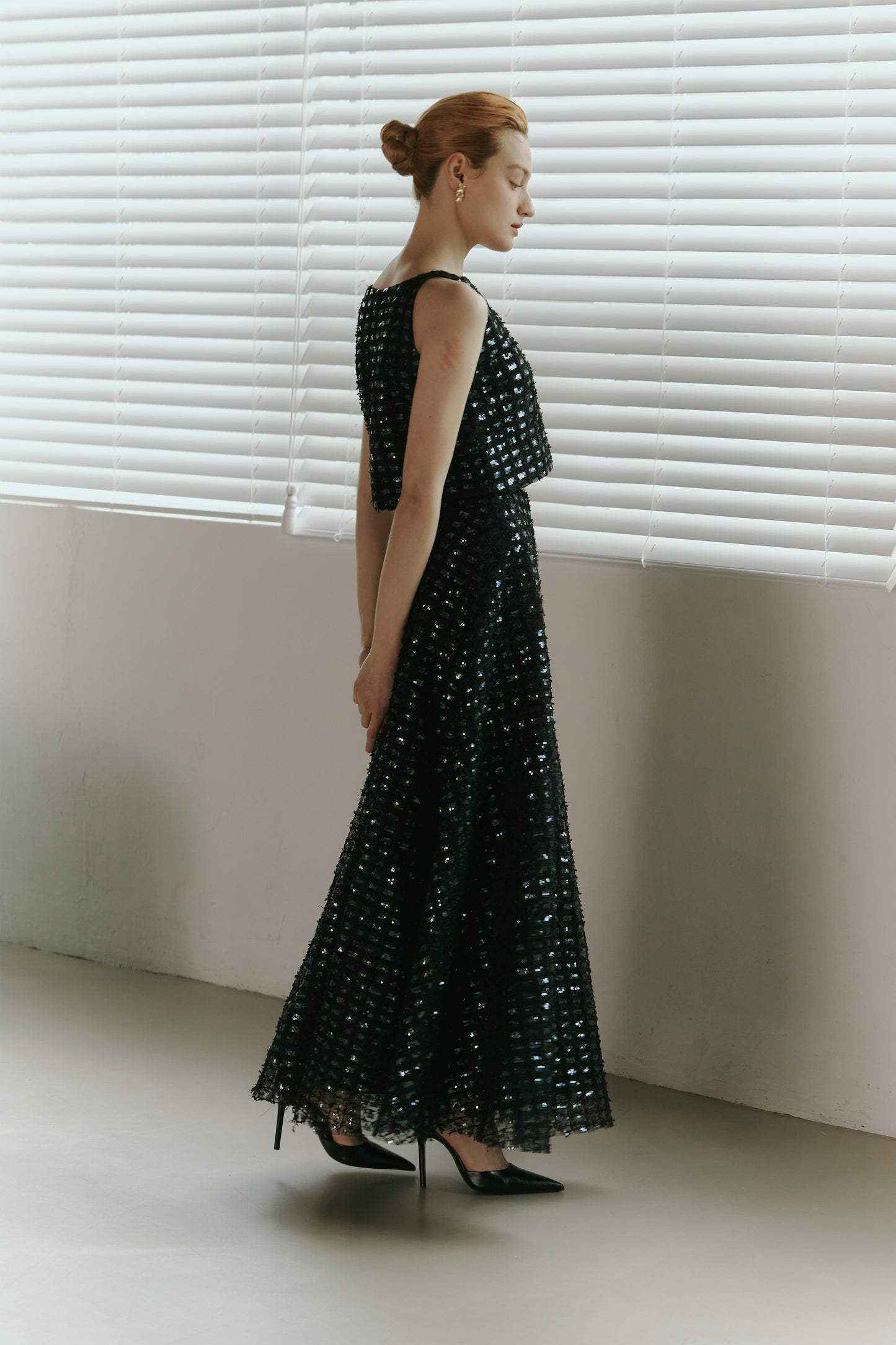 Dark Blue Lace Sequined  Top with Skirt