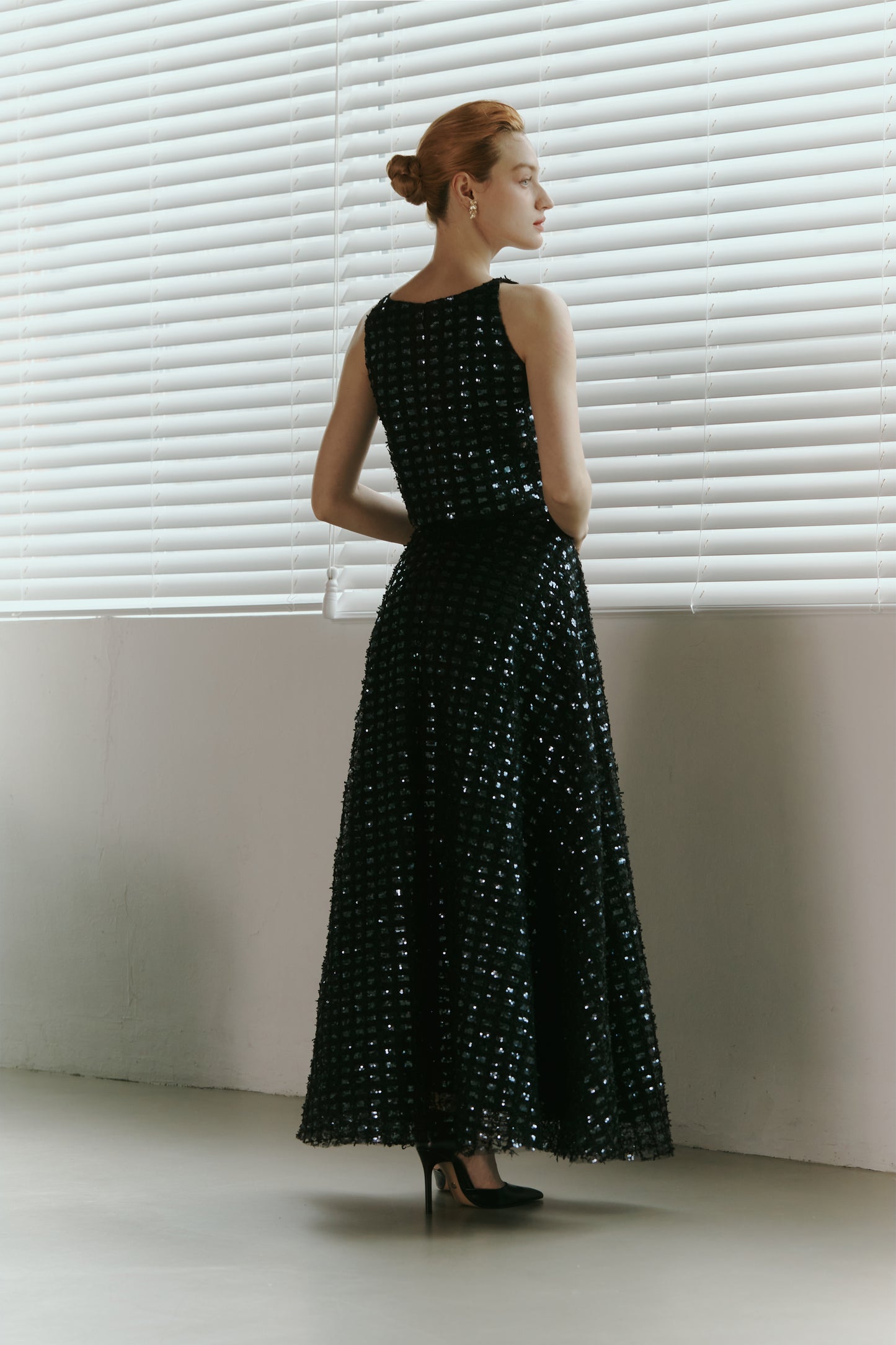 Dark Blue Lace Sequined  Top with Skirt