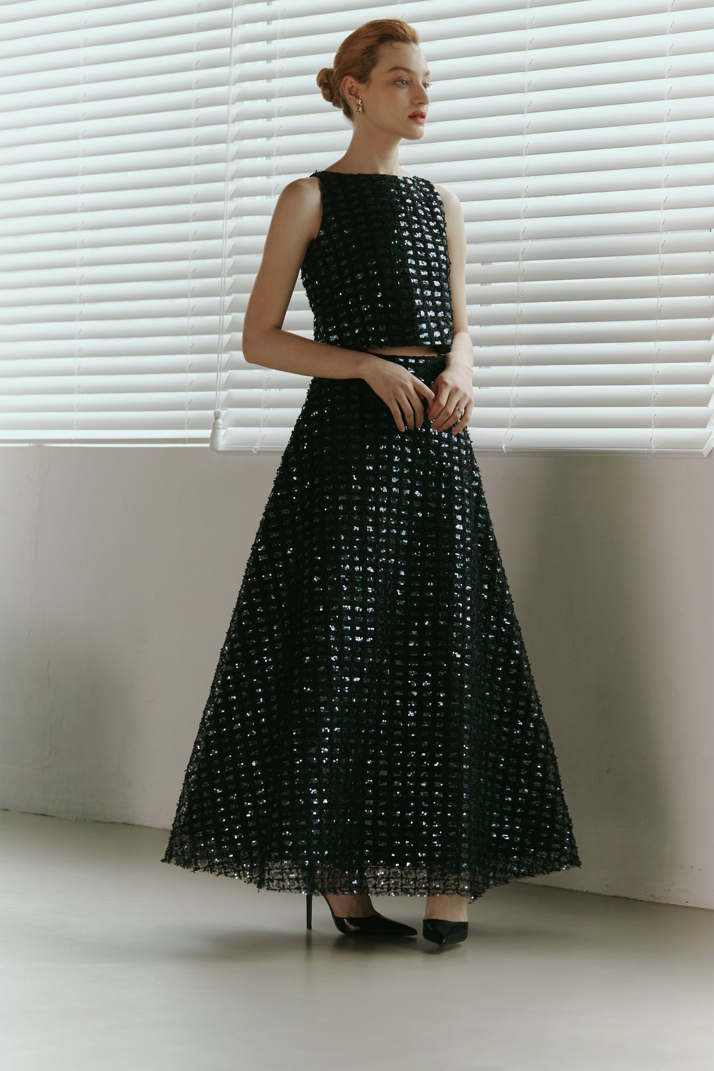 Dark Blue Lace Sequined  Top with Skirt