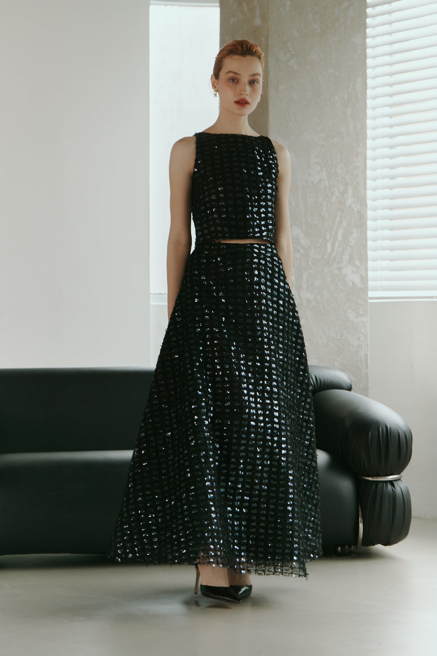 Dark Blue Lace Sequined  Top with Skirt