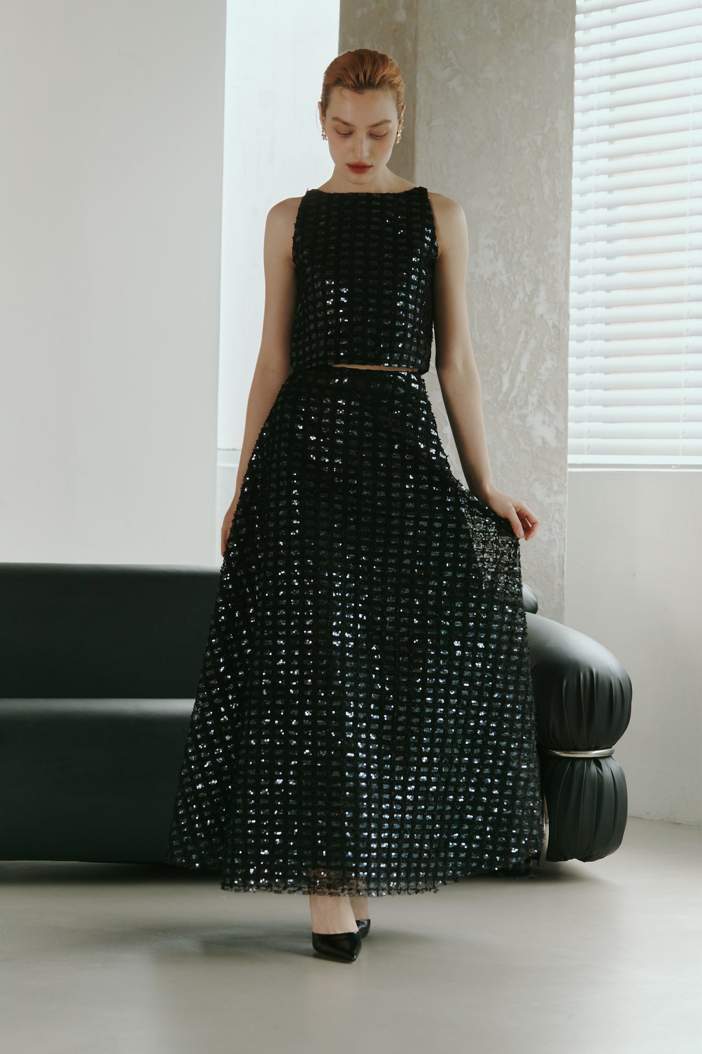 Dark Blue Lace Sequined  Top with Skirt