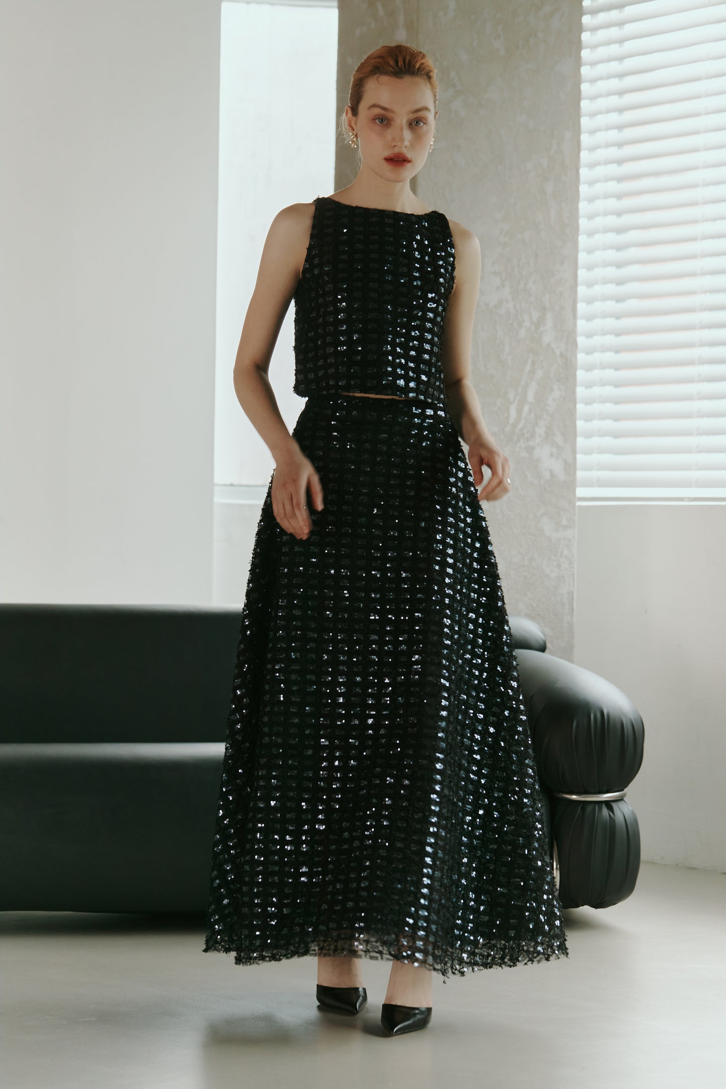Dark Blue Lace Sequined  Top with Skirt