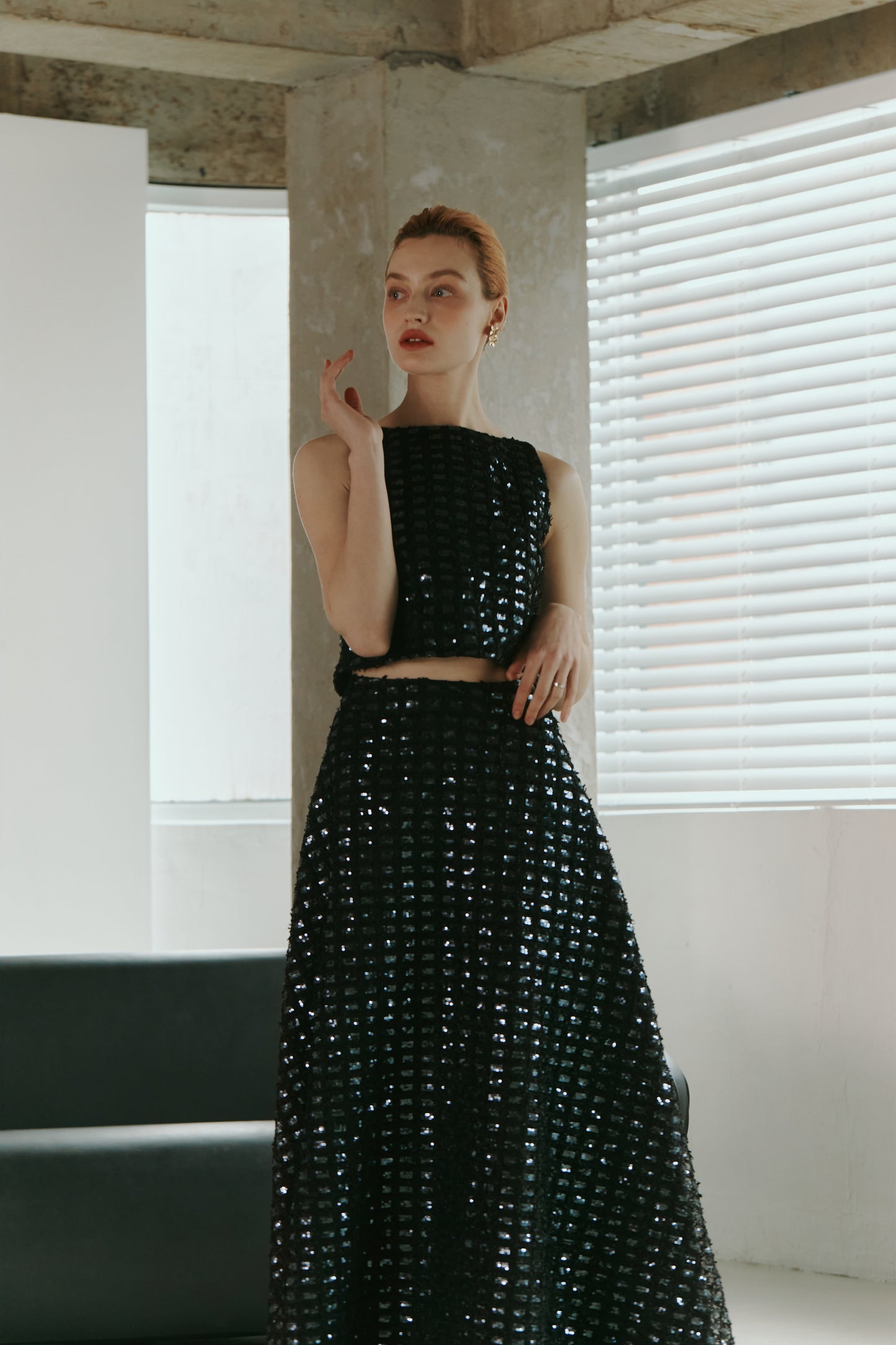 Dark Blue Lace Sequined  Top with Skirt