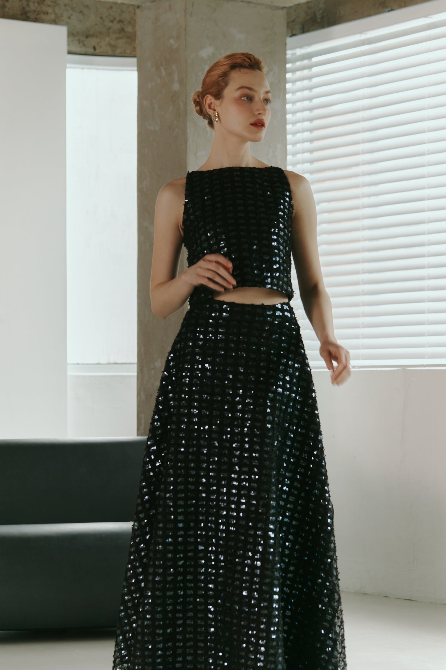 Dark Blue Lace Sequined  Top with Skirt