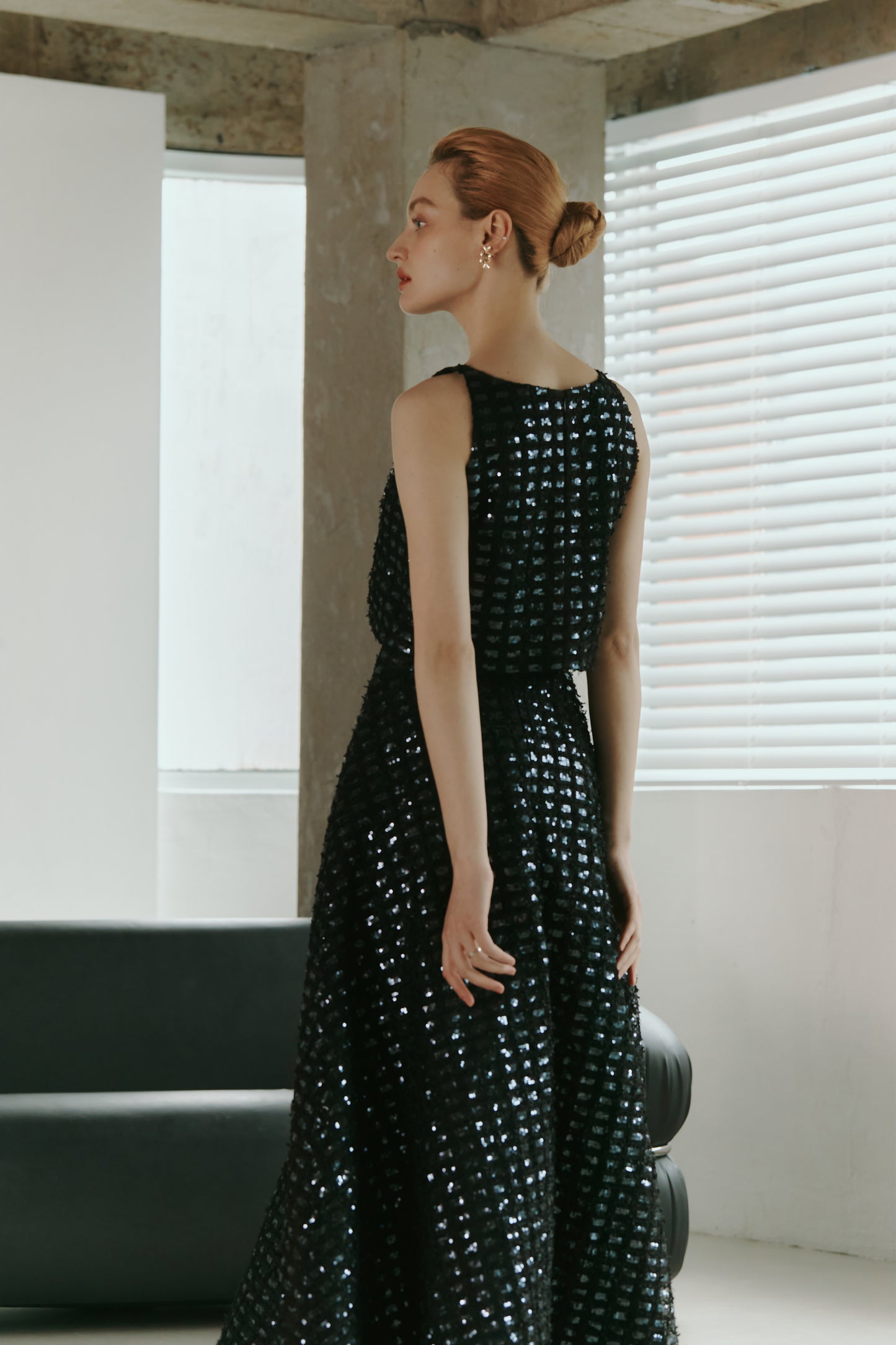 Dark Blue Lace Sequined  Top with Skirt