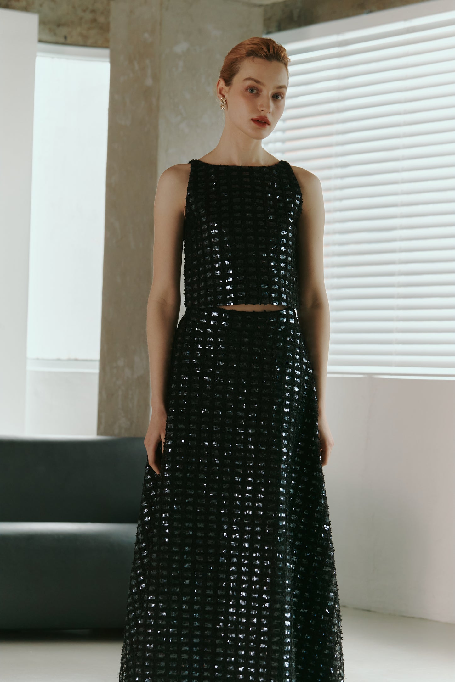 Dark Blue Lace Sequined  Top with Skirt