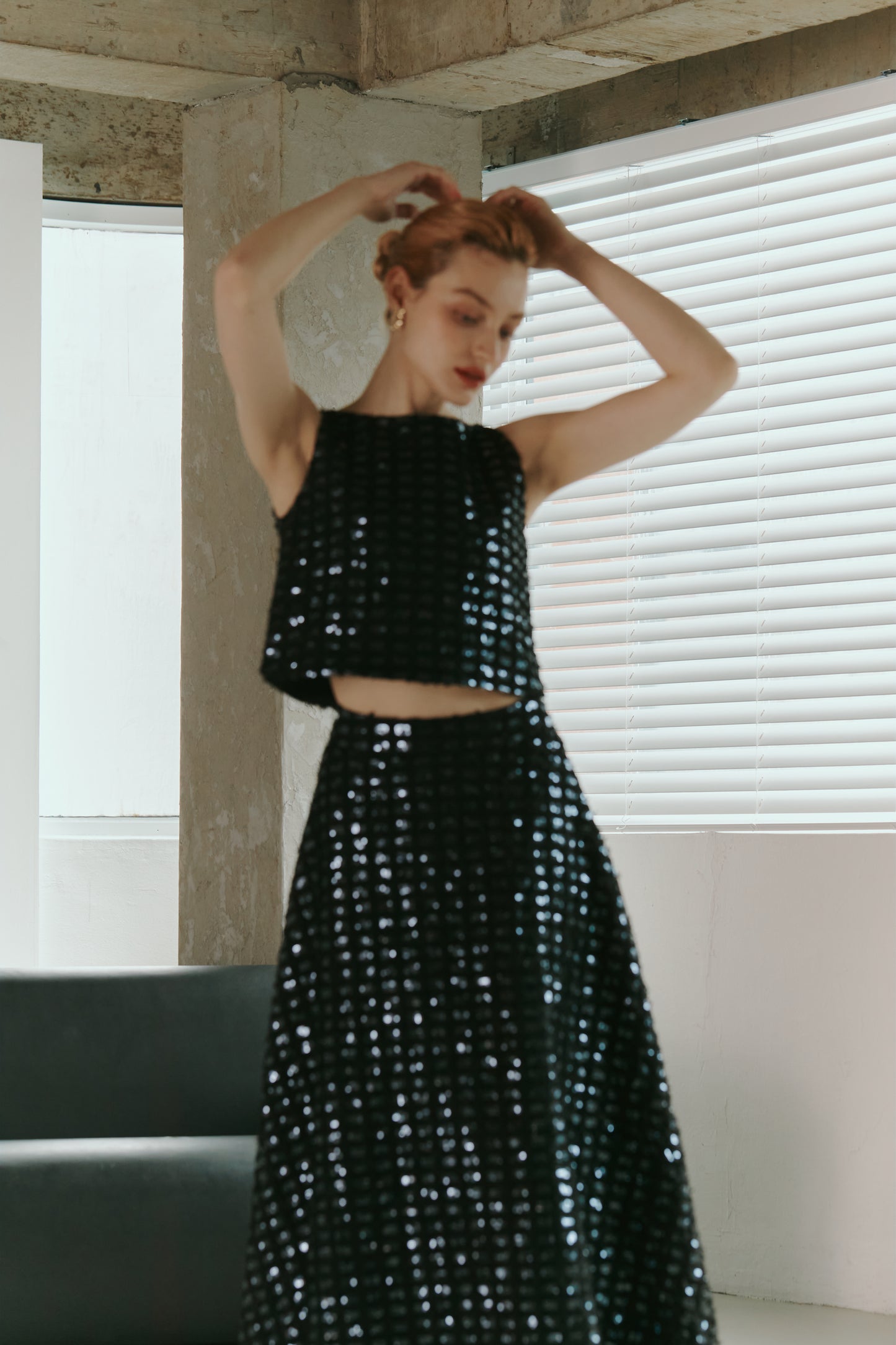 Dark Blue Lace Sequined  Top with Skirt