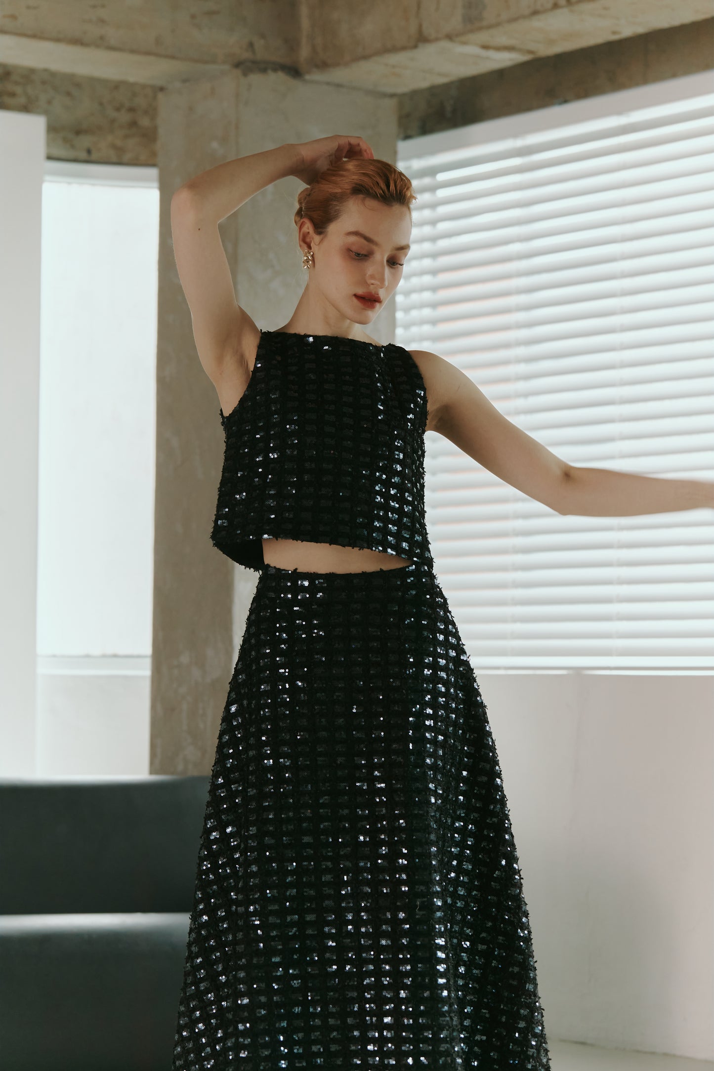 Dark Blue Lace Sequined  Top with Skirt