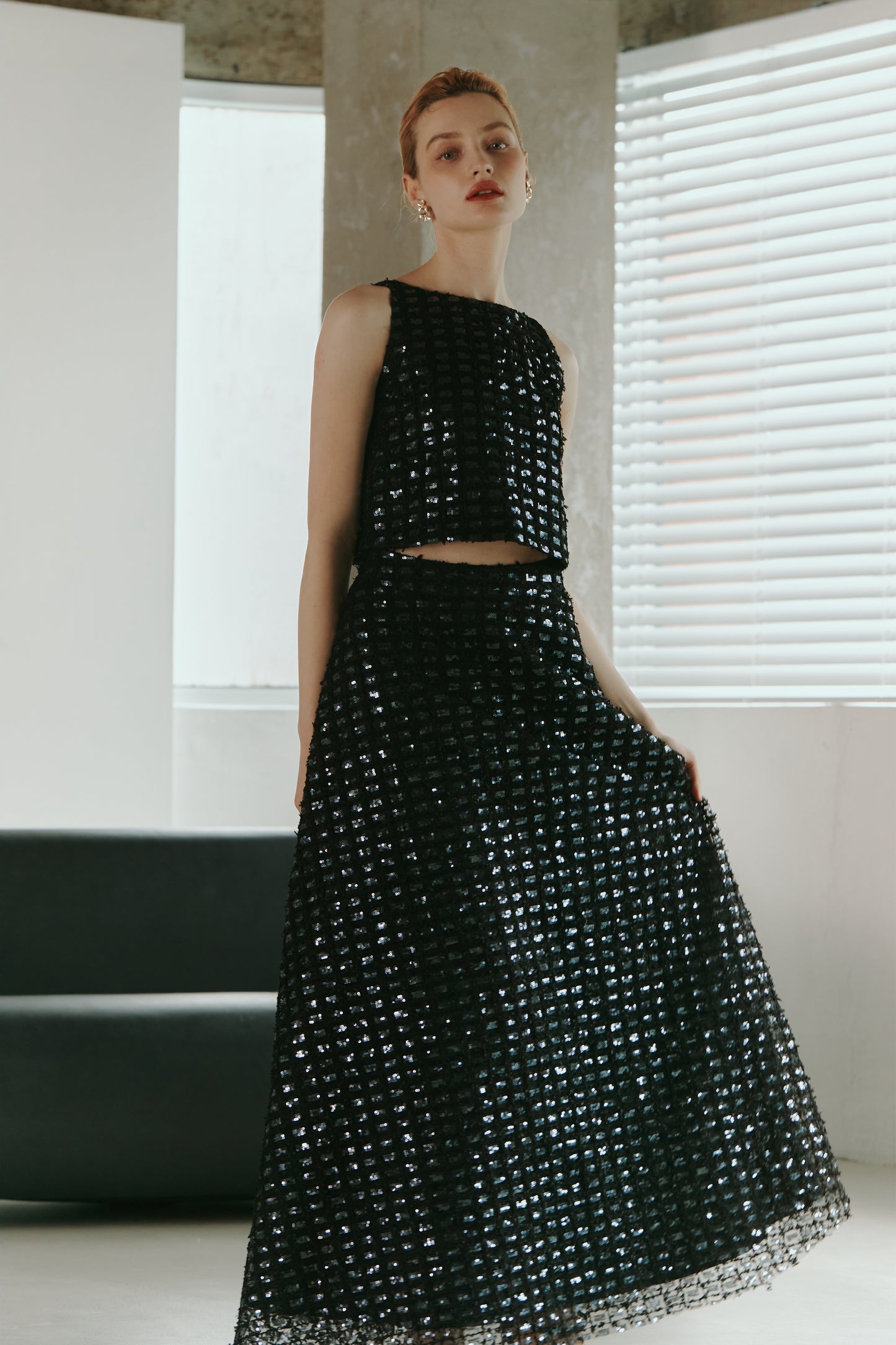 Dark Blue Lace Sequined  Top with Skirt