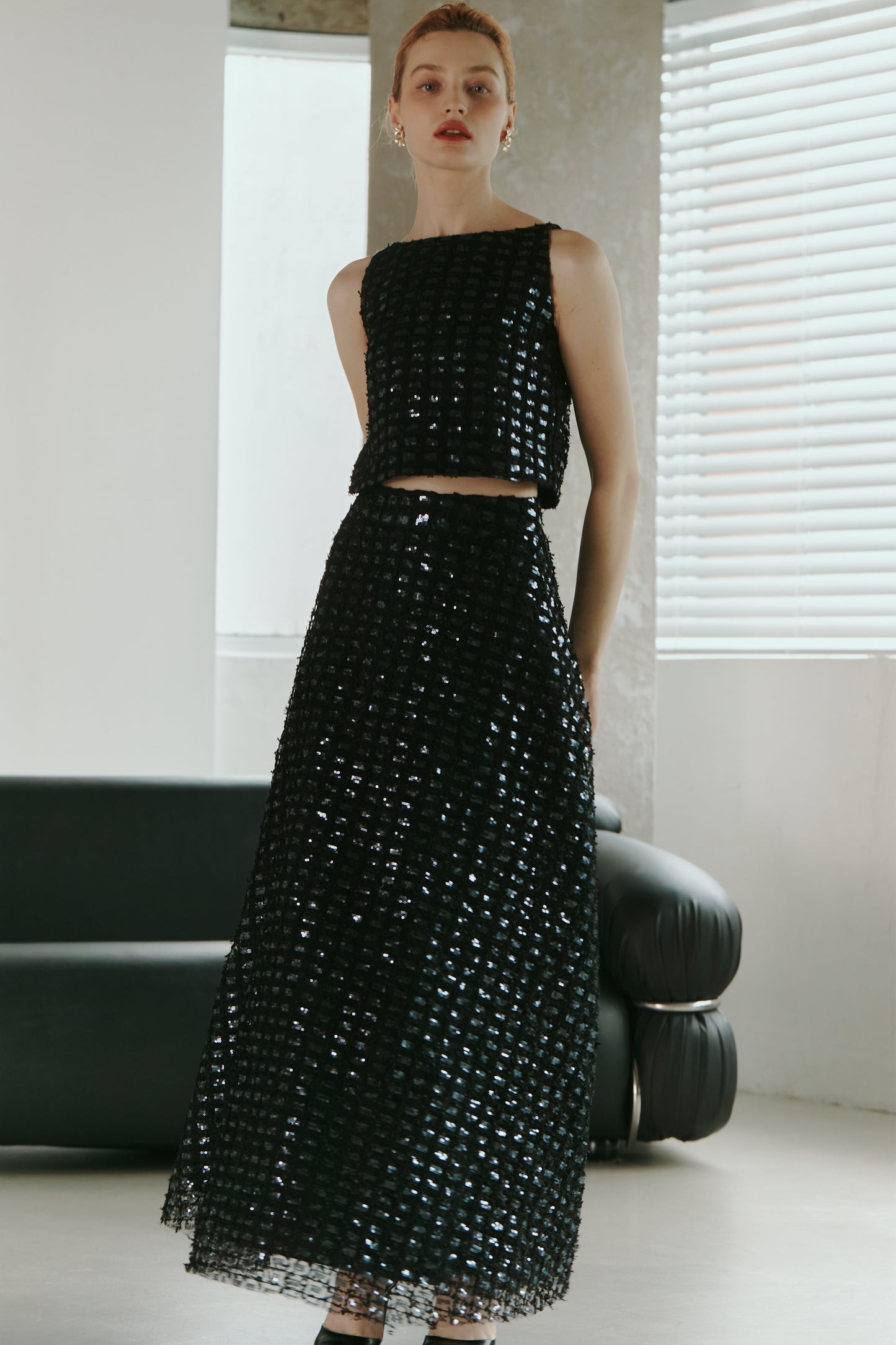 Dark Blue Lace Sequined  Top with Skirt