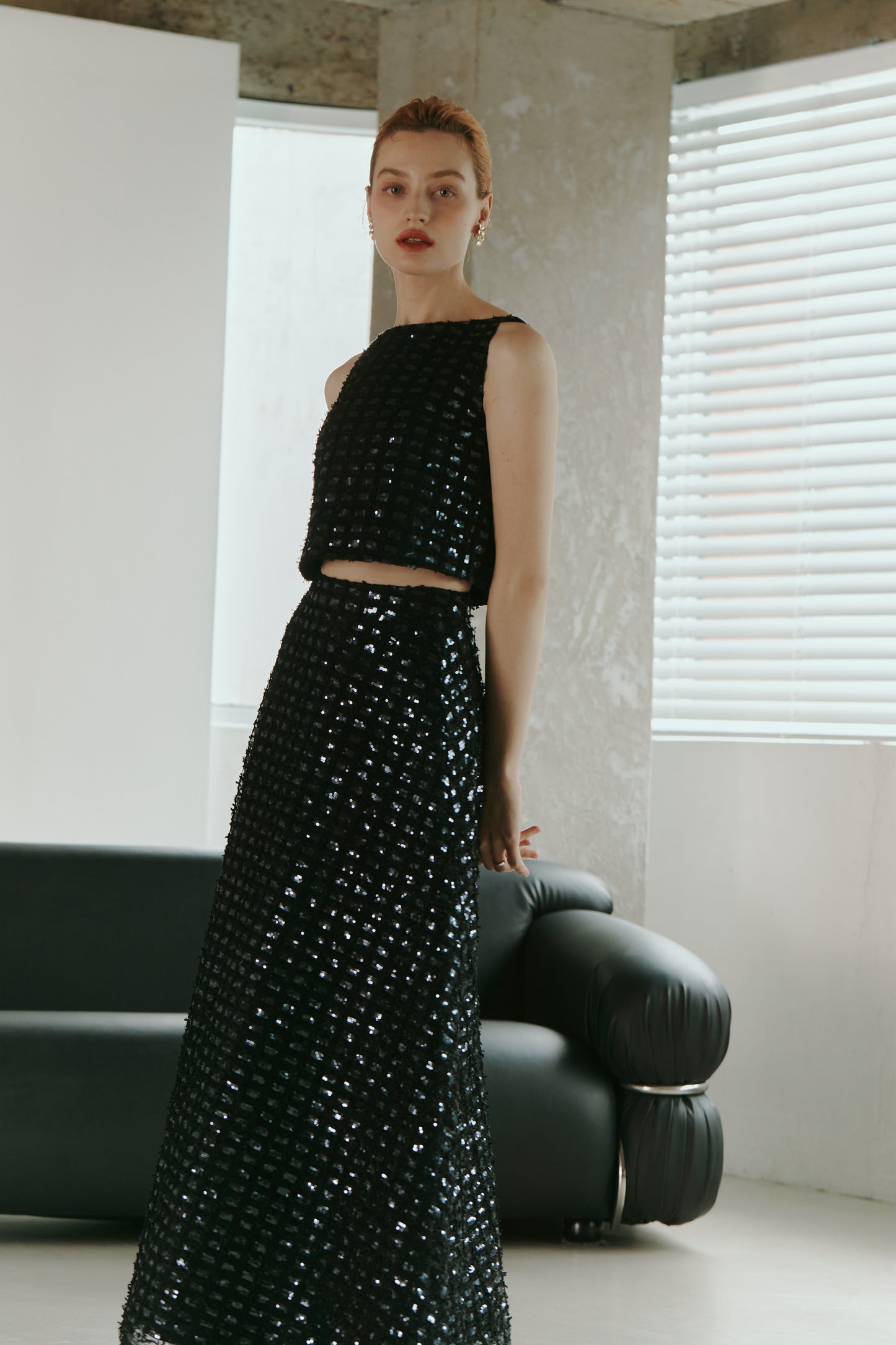Dark Blue Lace Sequined  Top with Skirt