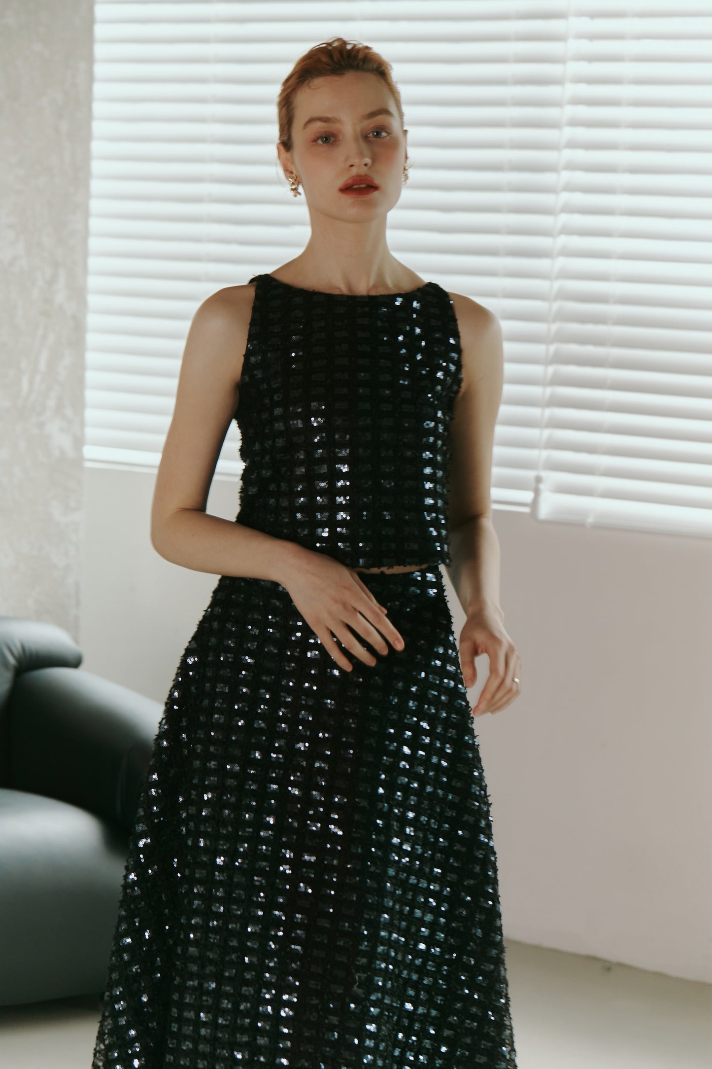 Dark Blue Lace Sequined  Top with Skirt