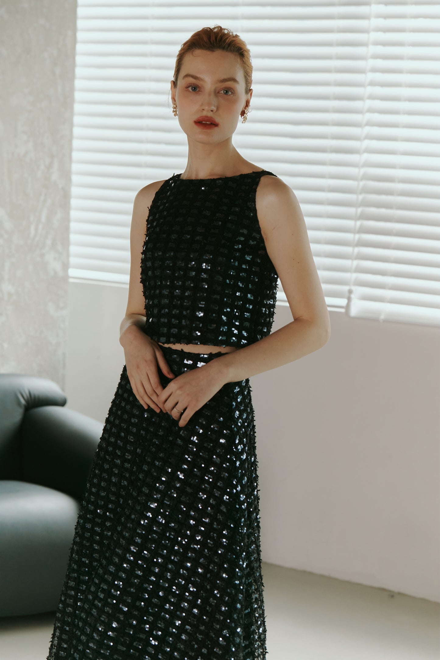 Dark Blue Lace Sequined  Top with Skirt