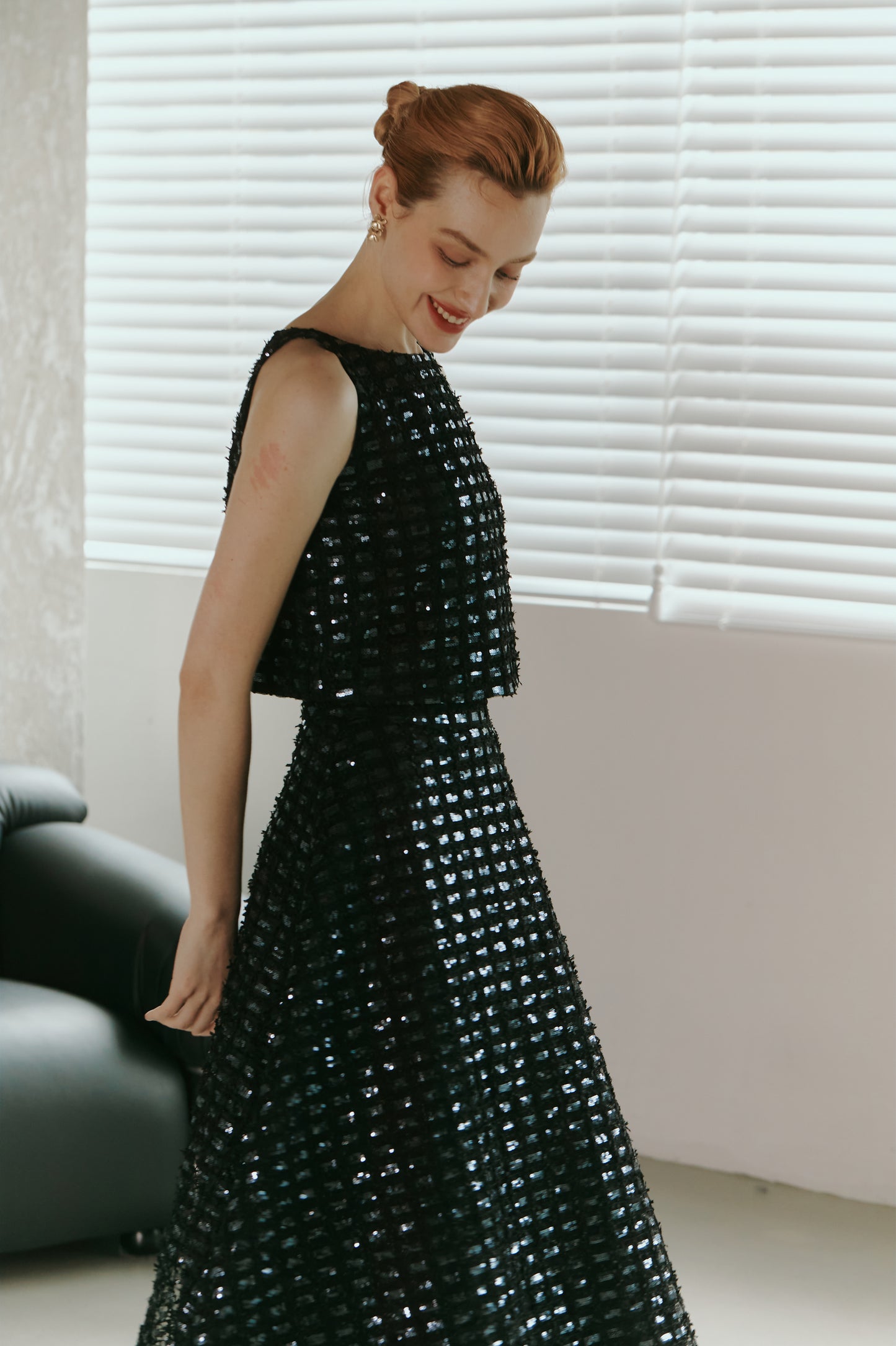Dark Blue Lace Sequined  Top with Skirt