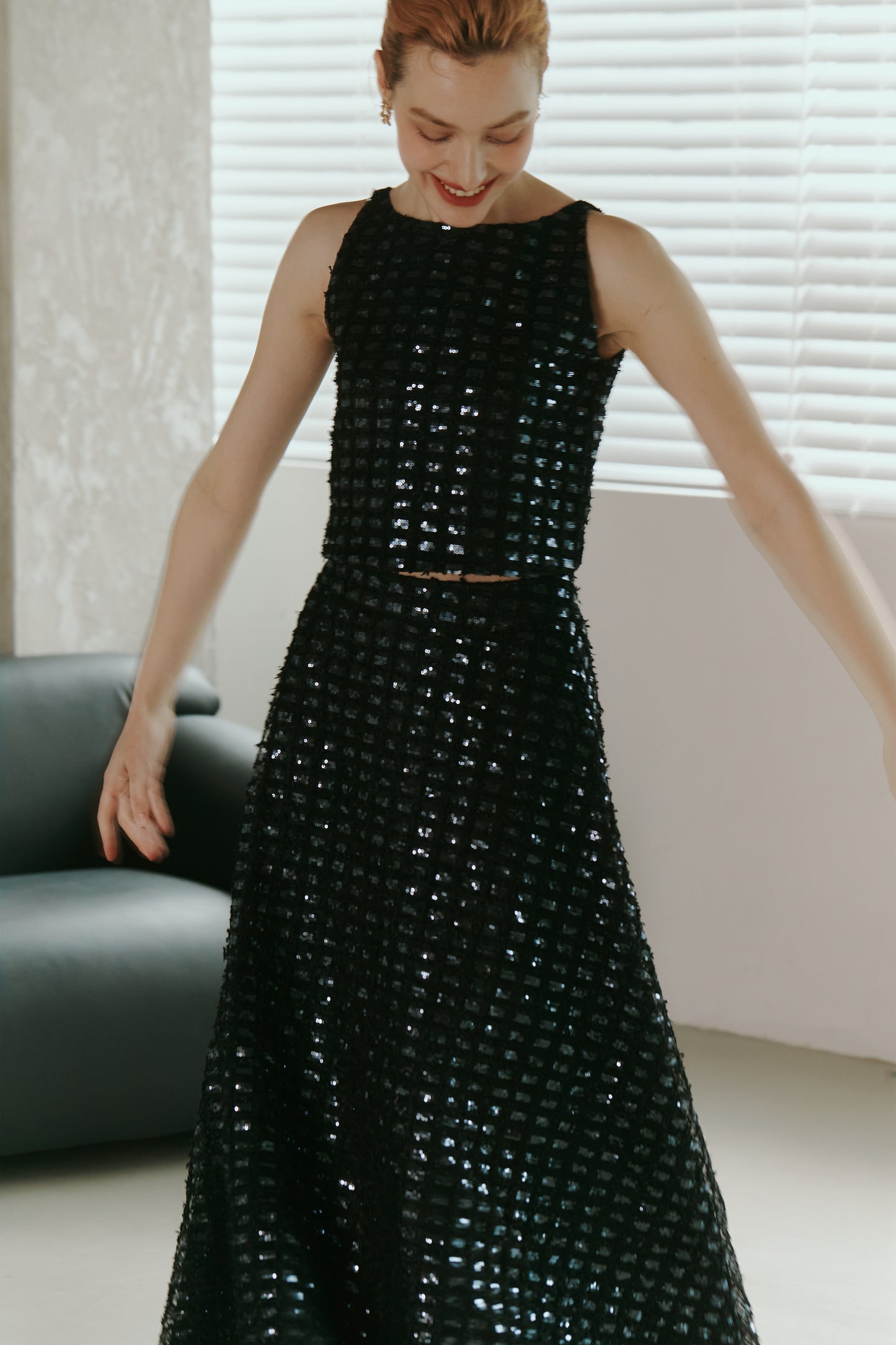 Dark Blue Lace Sequined  Top with Skirt